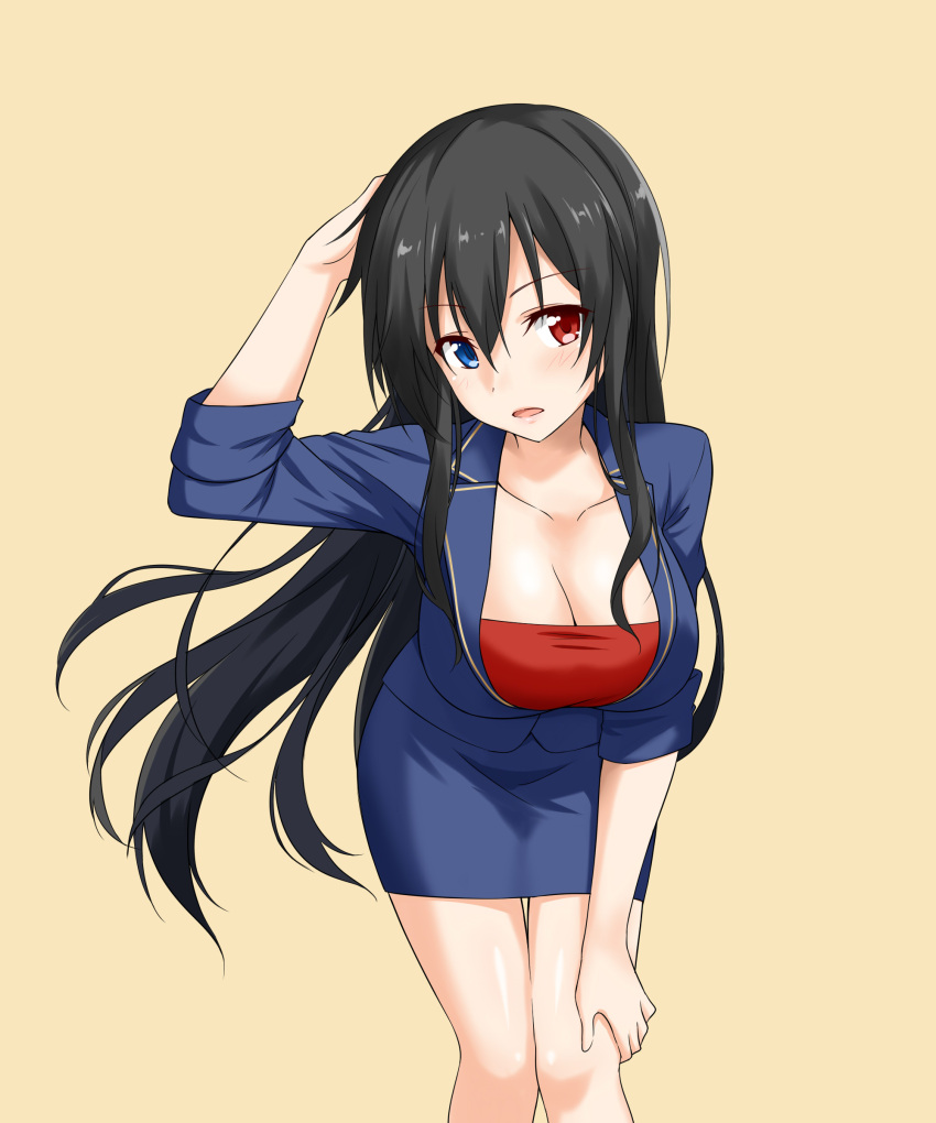 1girl absurdres bangs bellezza_felutia bent_over black_hair blue_eyes blue_jacket blue_skirt blush breasts cleavage collarbone eyebrows_visible_through_hair felutiahime genderswap genderswap_(mtf) hand_on_own_head hand_on_own_thigh heterochromia highres jacket large_breasts long_hair looking_at_viewer original pencil_skirt red_eyes red_shirt shiny shiny_skin shirt sidelocks simple_background skirt sleeves_folded_up sleeves_past_elbows solo standing straight_hair thighs very_long_hair yellow_background