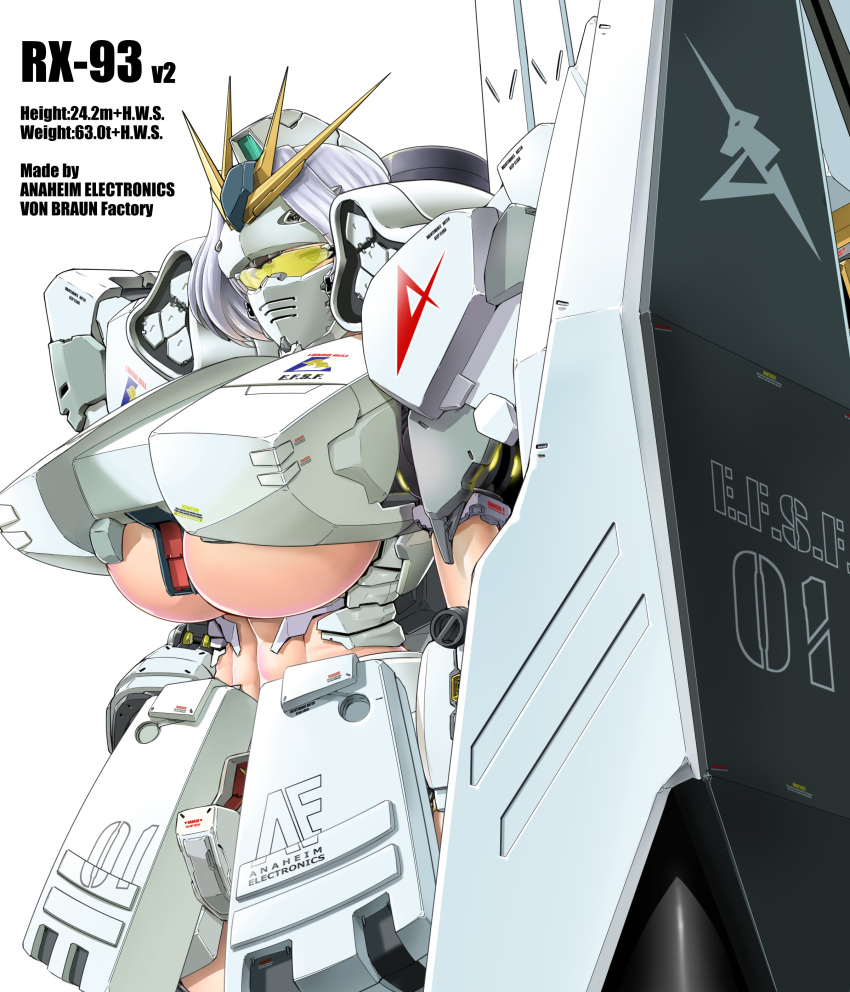 1girl abs absurdres armor bangs between_breasts breasts char's_counterattack character_profile covered_mouth cowboy_shot english eyebrows_visible_through_hair fin_funnels gundam headgear headpiece highres huge_breasts looking_away mask measurements mecha_musume nu_gundam personification saizu_nitou_gunsou sanpaku shield short_hair silver_hair simple_background solo standing under_boob visor white_background yellow_eyes