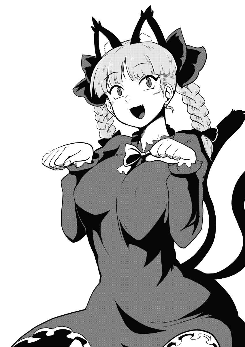 1girl :d absurdres animal_ears bangs blush bow bowtie breasts cat_ears cat_tail commentary_request cowboy_shot dress extra_ears eyebrows_visible_through_hair greyscale hair_bow highres himajin_noizu kaenbyou_rin large_breasts long_sleeves monochrome multiple_tails open_mouth paw_pose simple_background smile solo tail touhou twintails two_tails white_background