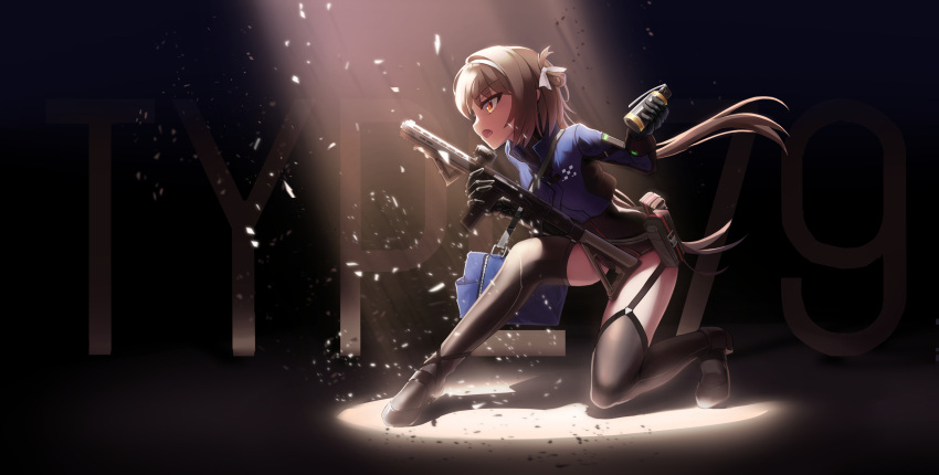 1girl absurdres ammunition_pouch aoi_kao_(lsz7106) bag bangs belt black_legwear blush brown_eyes brown_hair character_name explosive from_side full_body garter_straps girls_frontline gloves grenade gun hair_ribbon hairband highres holding holding_grenade holding_gun holding_weapon jacket light_particles light_rays long_hair looking_afar magpul one_knee open_mouth pouch red_eyes ribbon shoes shoulder_bag sidelocks solo strap submachine_gun sunbeam sunlight thigh-highs type_79_(girls_frontline) type_79_smg weapon white_ribbon