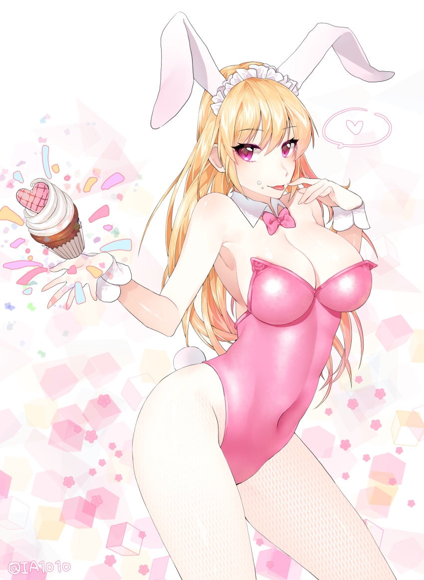 1girl :p abstract_background absurdres animal_ears armpits bangs bare_arms bare_shoulders blonde_hair blush bow bowtie breasts bunny_tail bunnysuit cleavage contrapposto copyright_request covered_navel cowboy_shot cube cupcake detached_collar eyebrows_visible_through_hair fishnet_pantyhose fishnets food food_on_face heart highres ia_(ias1010) large_breasts legs_apart leotard long_hair looking_at_viewer maid_headdress pantyhose pink_bow pink_eyes pink_leotard pink_neckwear rabbit_ears shiny shiny_clothes shiny_hair shiny_skin skin_tight solo speech_bubble spoken_heart standing strapless strapless_leotard tail tongue tongue_out triangle tsurime twitter_username very_long_hair white_legwear wrist_cuffs