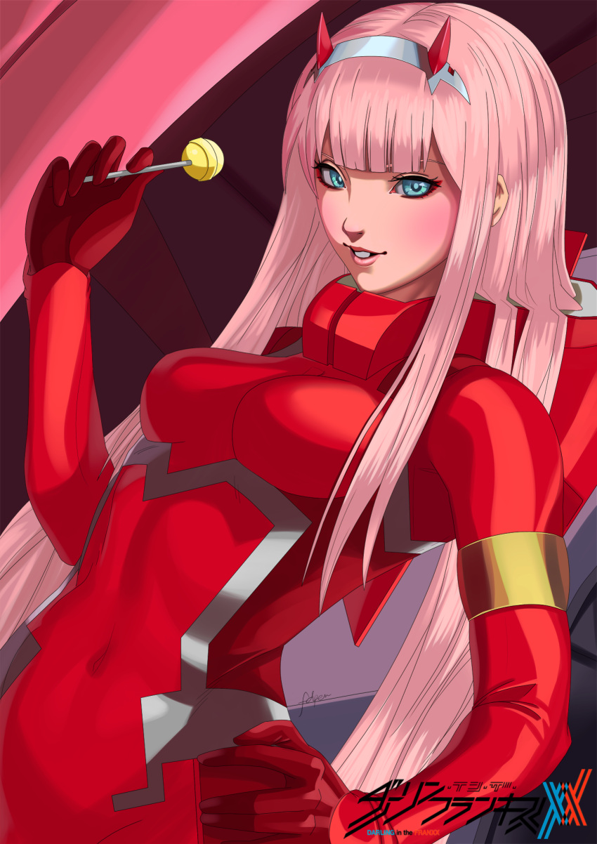 aqua_eyes bangs blush bodysuit candy darling_in_the_franxx eyeshadow food hairband hand_on_hip highres holding_candy horns kouichi09 lollipop makeup pilot_suit pink_hair red_bodysuit shiny shiny_hair skin_tight smile straight_hair white_hairband zero_two_(darling_in_the_franxx)