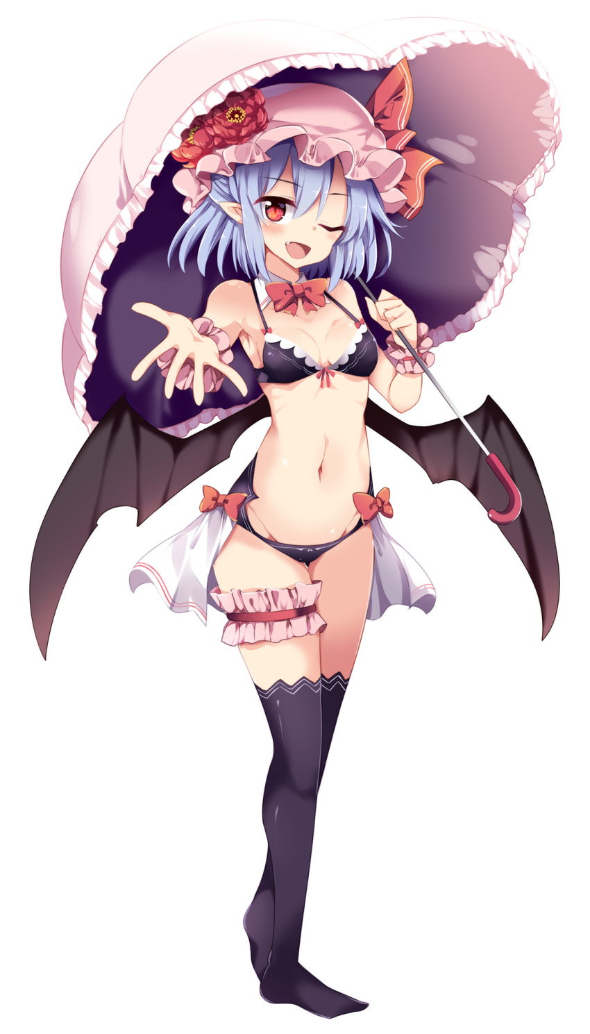 1girl bare_shoulders bat_wings bikini black_bikini black_legwear black_wings blue_hair bow breasts cleavage commentary_request detached_collar fang flower full_body groin hat hat_flower hat_ribbon highres holding holding_umbrella leg_garter looking_at_viewer maturiuta_sorato mob_cap navel no_shoes outstretched_arm pink_hat pointy_ears red_bow red_eyes red_flower remilia_scarlet ribbon simple_background small_breasts solo standing stomach swimsuit thigh-highs thigh_gap touhou umbrella white_background wings wrist_cuffs