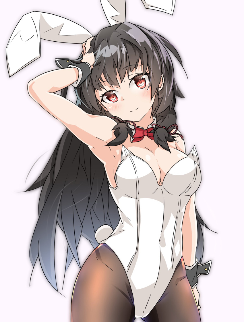 1girl alternate_costume animal_ears armpits black_hair blush bow bowtie breasts bunny_tail bunnysuit commentary_request covered_navel detached_collar fake_animal_ears gluteal_fold hair_ribbon hand_on_own_head harukawa_(hal501) highres isokaze_(kantai_collection) kantai_collection long_hair looking_at_viewer pantyhose rabbit_ears red_eyes ribbon simple_background smile solo tail tress_ribbon white_background wrist_cuffs