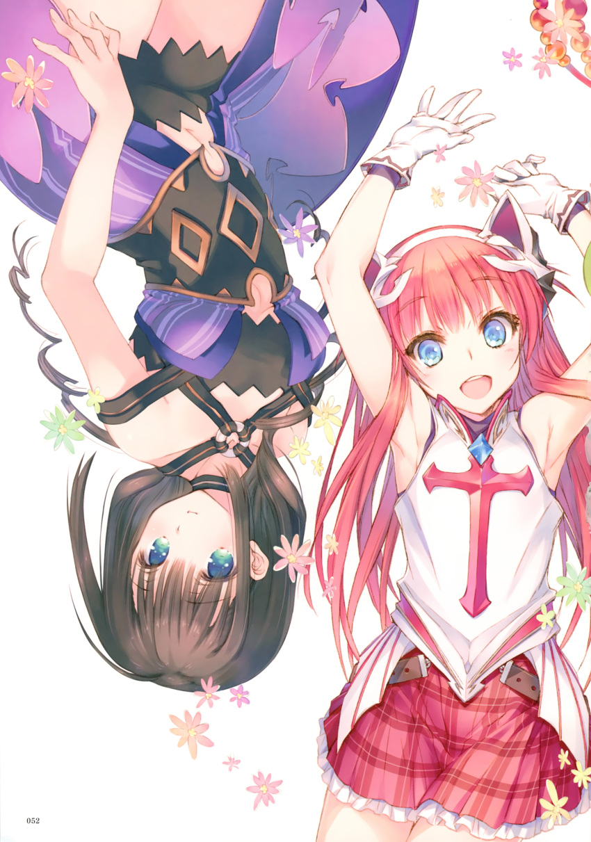 2girls absurdres alisia_heart aquaplus armpits bangs bare_shoulders blue_eyes breasts dress dungeon_travelers_2 eyebrows_visible_through_hair flower frills gloves hair_ornament highres kawata_hisashi long_hair looking_at_viewer lying medium_breasts melvy_de_florencia mitsumi_misato multiple_girls official_art on_back open_mouth redhead scan short_dress sidelocks simple_background skirt smile white_background white_gloves