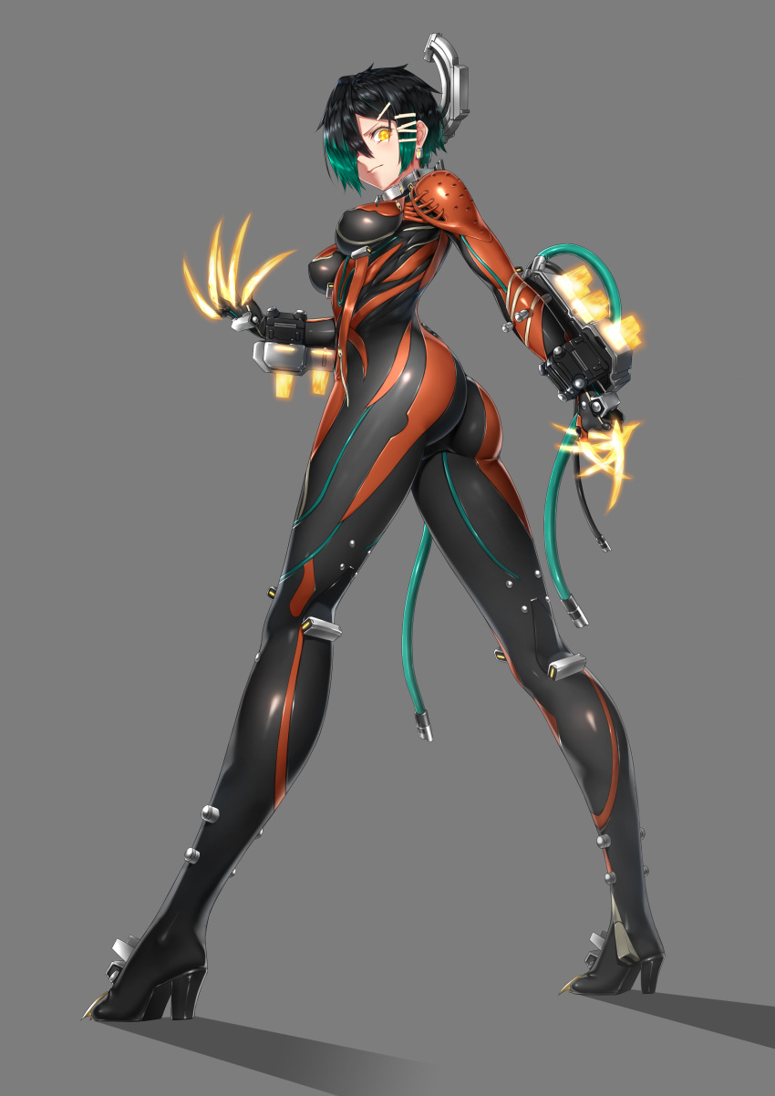 1girl absurdres aqua_hair ass black_bodysuit black_hair blush bodysuit breasts claws closed_mouth energy_weapon erect_nipples from_behind full_body glowing gradient_hair grey_background hair_ornament hair_over_one_eye hairclip headgear highres kai_(pixiv12466647) long_legs looking_at_viewer looking_back medium_breasts multicolored multicolored_bodysuit multicolored_clothes multicolored_hair orange_bodysuit personification shiny shiny_clothes shiny_hair short_hair simple_background skin_tight solo standing valkyr_(warframe) warframe yellow_eyes