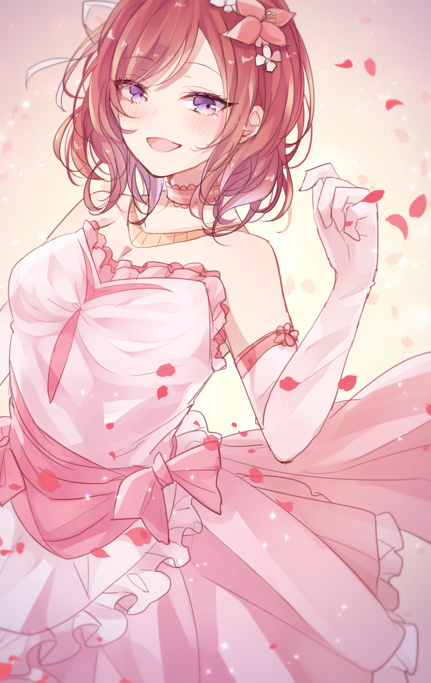 1girl bare_shoulders blush bokutachi_wa_hitotsu_no_hikari choker commentary dress elbow_gloves eyes_visible_through_hair flower frilled_dress frills gloves hair_flower hair_ornament happy_birthday highres jewelry love_live! love_live!_school_idol_project necklace nishikino_maki open_mouth petals pink_dress redhead short_hair sleeveless sleeveless_dress smile solo two-tone_background upper_body violet_eyes watoson white_gloves