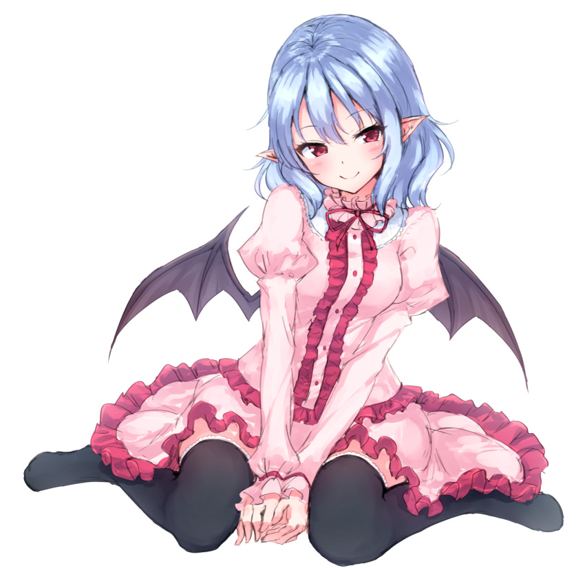 1girl bangs bat_wings between_legs black_legwear blue_hair blush center_frills closed_mouth frilled_skirt frills full_body hand_between_legs head_tilt highres juliet_sleeves junior27016 long_sleeves looking_at_viewer neck_ribbon pink_skirt pointy_ears puffy_sleeves red_eyes red_ribbon remilia_scarlet ribbon shiny shiny_hair simple_background sitting skirt skirt_set smile solo thigh-highs touhou v_arms wariza white_background wings