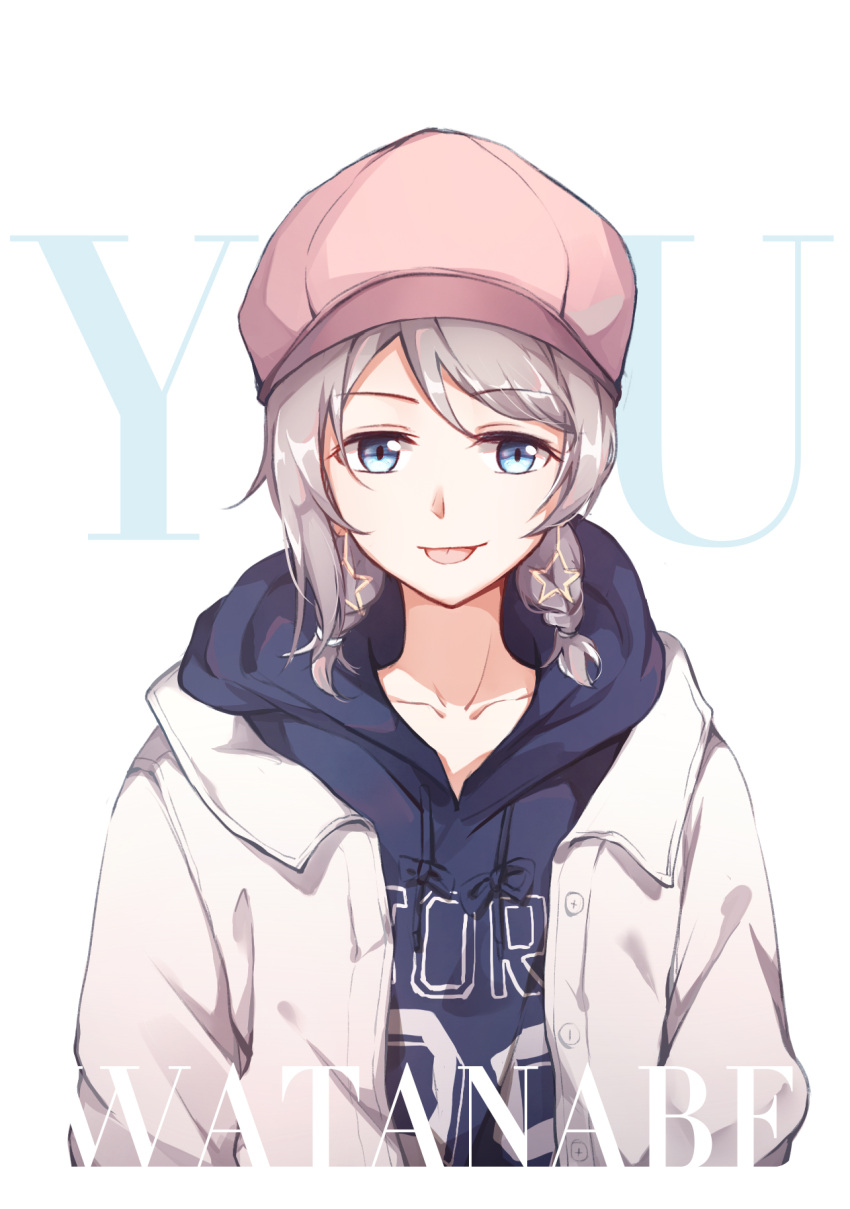 1girl :p alternate_hairstyle blue_eyes blue_hoodie braid cabbie_hat character_name clothes_writing earrings gemi_25 grey_hair grey_jacket hat highres hood hood_down hoodie jacket jewelry love_live! love_live!_sunshine!! pink_hat short_braid solo star star_earrings tongue tongue_out twin_braids upper_body watanabe_you white_background