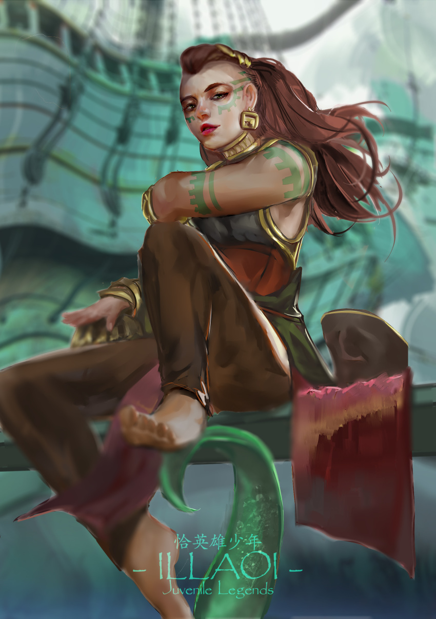 1girl absurdres barefoot bracelet brown_hair character_name dark_skin earrings facial_tattoo graphite_(medium) green_eyes highres illaoi jewelry league_of_legends lipstick long_hair makeup necklace rocker_(fengs1993) sitting solo tattoo teeth tentacle traditional_media younger