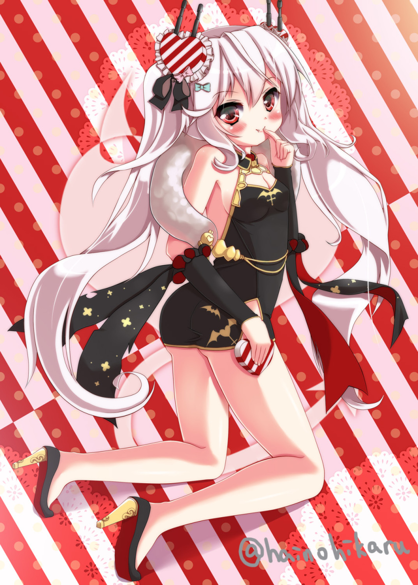 1girl azur_lane bare_shoulders black_bow black_dress black_footwear blue_bow blush bow box breasts cleavage closed_mouth detached_sleeves diagonal-striped_background diagonal_stripes doily dress fang fang_out finger_to_mouth fingernails full_body fur_collar gift gift_box hair_bow hair_ornament heart heart-shaped_box heart_hair_ornament high_heels highres hikaru6382 holding holding_gift kneeling long_hair long_sleeves looking_at_viewer looking_to_the_side medium_breasts polka_dot polka_dot_background red_eyes short_dress silver_hair sleeveless sleeveless_dress smile solo striped striped_background twintails twitter_username vampire_(azur_lane) very_long_hair