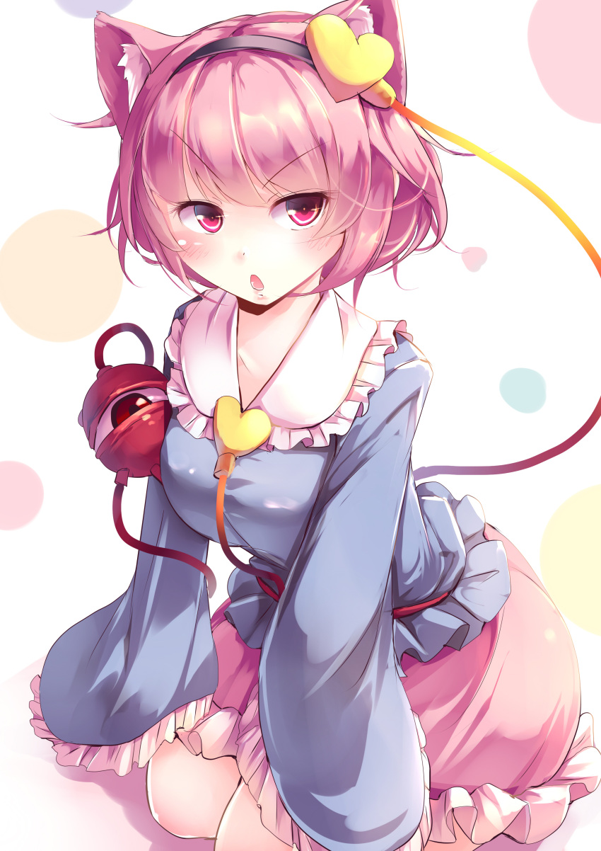 1girl :o absurdres animal_ears blue_shirt cat_ears eyeball frills hairband heart highres kanzakietc kemonomimi_mode komeiji_satori long_sleeves looking_at_viewer pink_eyes pink_hair pink_skirt shirt short_hair simple_background skirt solo third_eye touhou v-shaped_eyebrows wide_sleeves