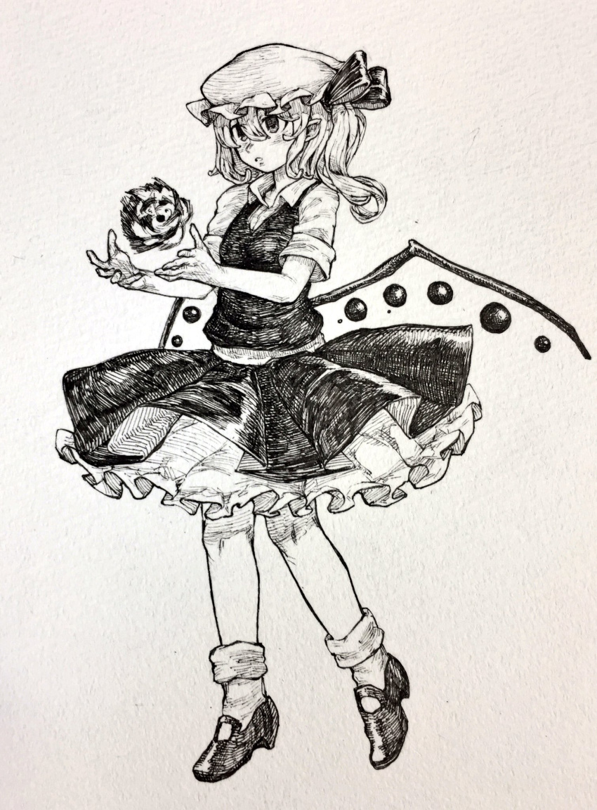1girl bangs bow flandre_scarlet full_body hair_between_eyes hat highres layered_skirt mary_janes mashimashi mob_cap monochrome parted_lips pointy_ears shoes short_sleeves side_ponytail skirt skirt_set socks solo standing touhou traditional_media