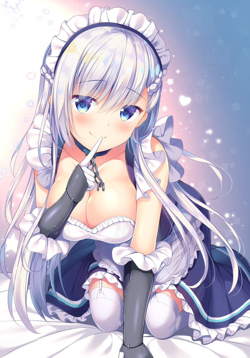 1girl all_fours apron azur_lane bangs belfast_(azur_lane) blue_eyes blush braid breasts chains cleavage collar collarbone crawling dress eyebrows_visible_through_hair finger_to_mouth french_braid frills gloves highres large_breasts long_hair looking_at_viewer maid maid_headdress shushing silver_hair smile solo tomoo_(tomo) white_gloves