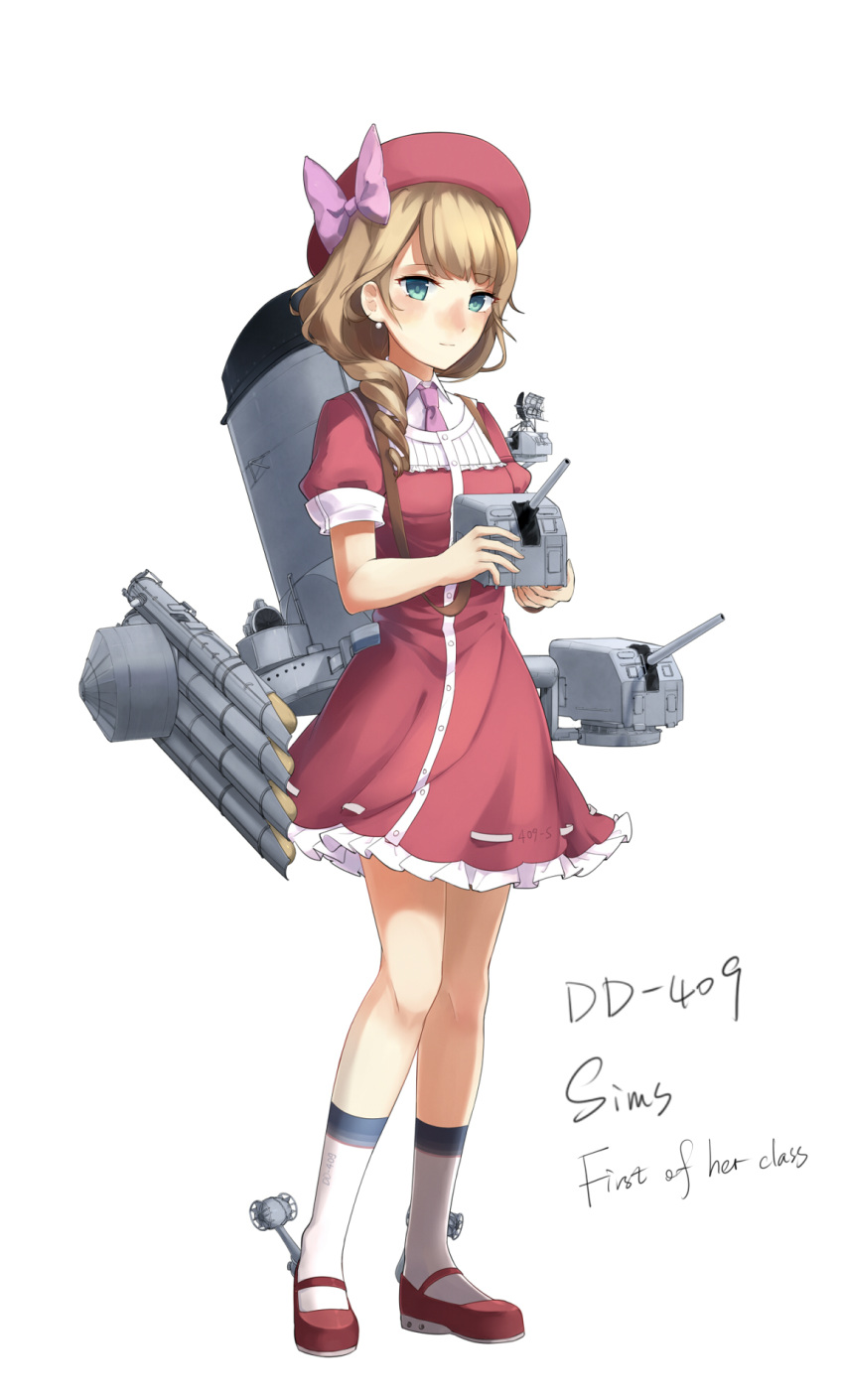 1girl blonde_hair bow cannon character_name destroyer dress drill_hair full_body green_eyes hat hat_bow highres loafers machinery mecha_musume military military_vehicle necktie original personification red_dress red_hat ship shoes short_sleeves simple_background smokestack socks solo torpedo torpedo_tubes turret us_navy uss_sims_(dd-409) warship watercraft white_background white_legwear yorktown_cv-5