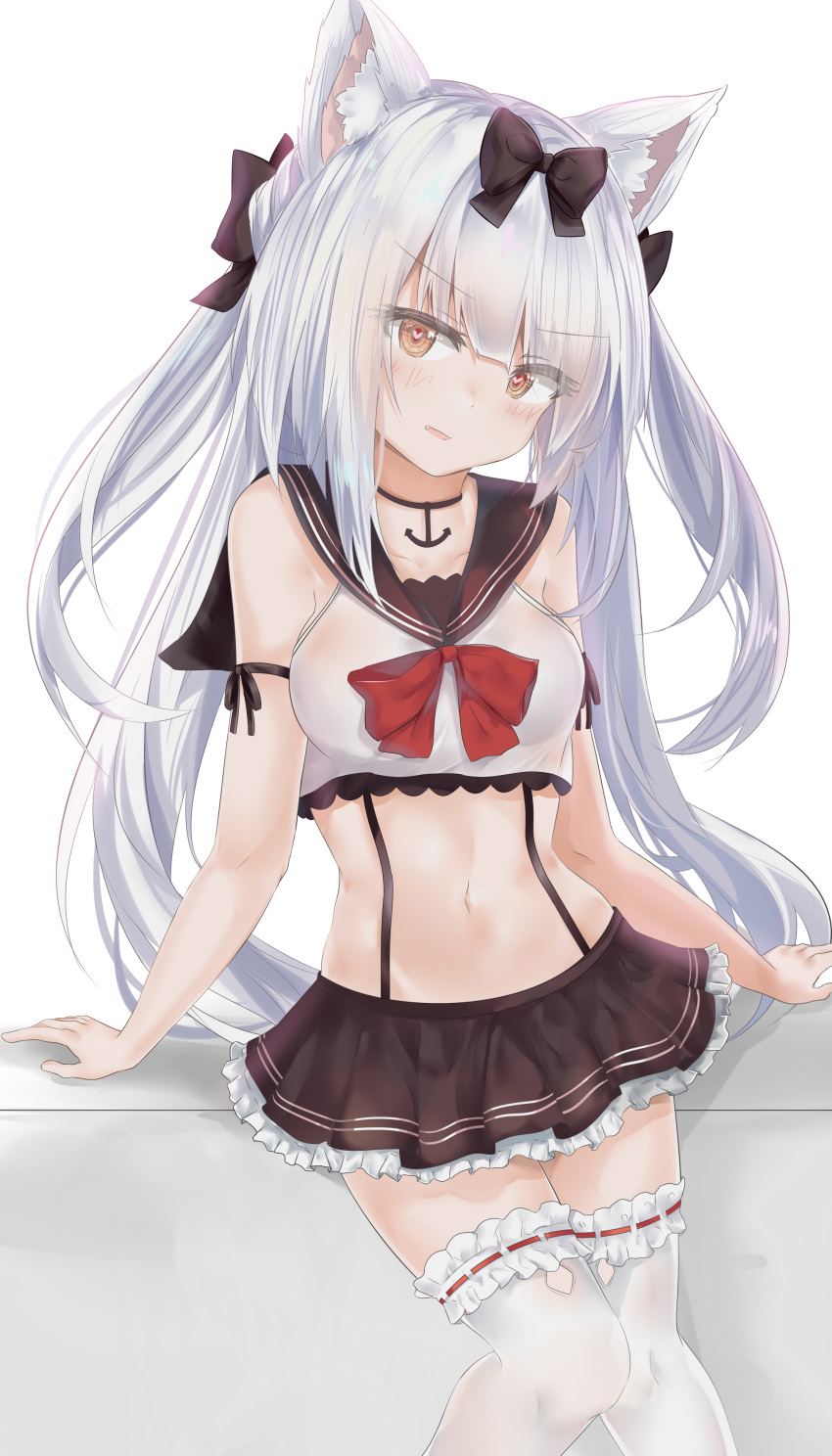 1girl absurdres anchor_symbol animal_ears arm_ribbon arm_support azur_lane bangs bare_shoulders black_bow black_ribbon blush bow breasts cat_ears collarbone cowboy_shot eyebrows_visible_through_hair eyes_visible_through_hair fang frilled_legwear hair_bow hair_ribbon head_tilt heart heart-shaped_pupils highres leaning leaning_on_object long_hair looking_at_viewer medium_breasts navel open_mouth pleated_skirt ribbon ru_zhai sailor_collar sidelocks silver_hair simple_background skirt sleeveless solo stomach suspenders symbol-shaped_pupils thigh-highs thighs white_legwear yukikaze_(azur_lane)