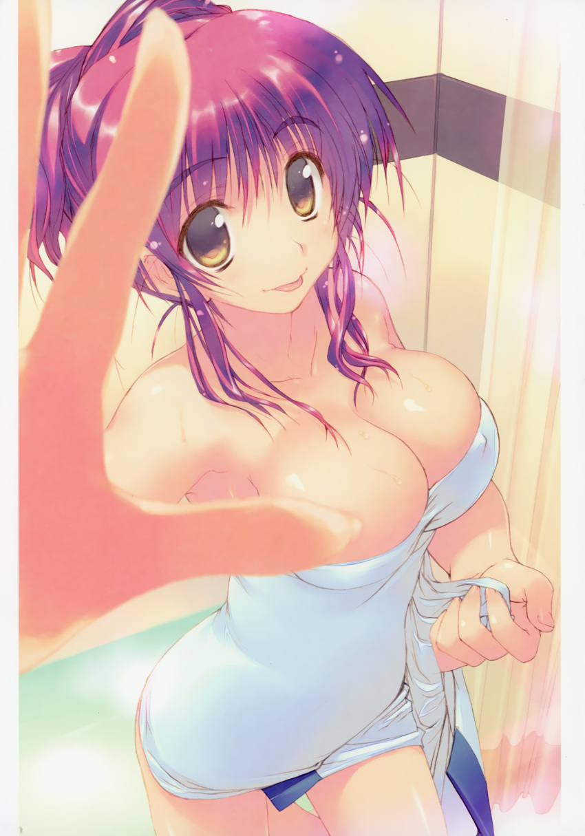 1girl :p absurdres amazuyu_tatsuki armpits bangs bare_shoulders bathroom bathtub breasts brown_eyes cleavage collarbone curtains eyebrows_visible_through_hair fingernails hair_bun hair_up highres holding indoors kousaka_tamaki large_breasts looking_at_viewer naked_towel official_art outstretched_arm redhead scan shiny shiny_hair sidelocks solo standing standing_on_one_leg taut_clothes to_heart_2 tongue tongue_out towel water wet wet_hair