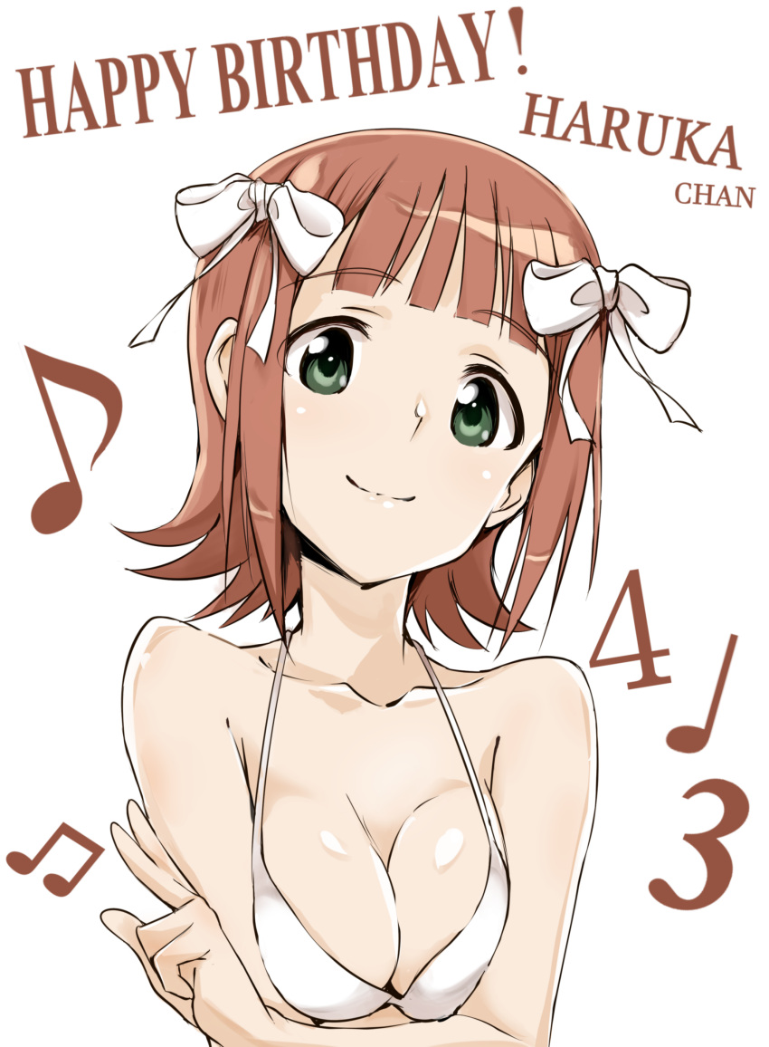 1girl absurdres amami_haruka bikini_top bow breasts brown_hair character_name cleavage closed_mouth commentary_request eyebrow_piercing green_eyes hair_bow hair_ribbon happy_birthday highres idolmaster idolmaster_(classic) looking_at_viewer medium_breasts musical_note piercing ribbon short_hair simple_background smile solo tokiani upper_body white_background white_bow white_ribbon
