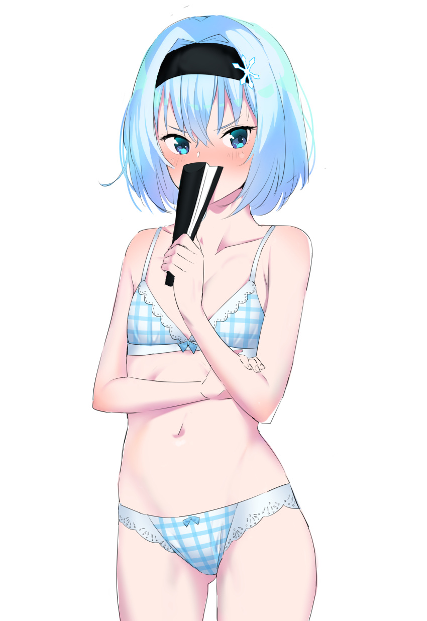 1girl absurdres aoreyo arm_grab bangs black_hairband blue_bra blue_eyes blue_hair blue_panties blush bow bow_bra bow_panties bra checkered checkered_bra checkered_panties collarbone commentary_request covering_mouth cowboy_shot eyebrows_visible_through_hair fan flat_chest folding_fan gluteal_fold hair_ornament hairband highres holding looking_at_viewer navel panties ryuuou_no_oshigoto! short_hair simple_background snowflake_hair_ornament solo sora_ginko standing underwear white_background