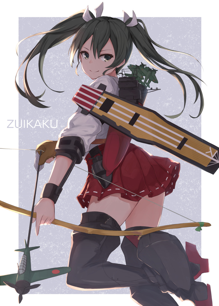 1girl absurdres aircraft airplane arrow boots bow_(weapon) character_name flight_deck from_side gloves green_eyes grey_hair hair_ribbon hakama_skirt highres holding holding_arrow holding_bow_(weapon) holding_weapon japanese_clothes kantai_collection kou_v05first partly_fingerless_gloves quiver ribbon rigging single_glove smile solo standing standing_on_one_leg thigh-highs thigh_boots twintails weapon white_ribbon yugake zuikaku_(kantai_collection)