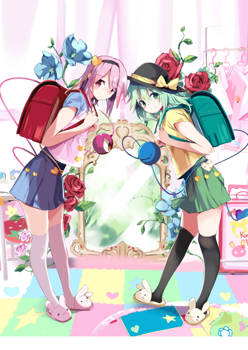 2girls alternate_costume backpack bag black_hairband black_legwear blue_flower blue_skirt closed_mouth clothes_hanger commentary_request flower full_body green_eyes green_hair green_skirt hairband hat heart highres indoors kneehighs komeiji_koishi komeiji_satori leaning_forward looking_at_viewer miniskirt mirror multiple_girls pink_eyes pink_flower pink_hair pink_legwear randoseru red_flower red_rose rose school_uniform shirt short_sleeves siblings sisters skirt slippers smile standing star star_print tetsurou_(fe+) third_eye touhou vest yellow_shirt