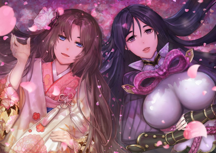 2girls armor bangs black_gloves blue_eyes bodysuit breasts brown_hair cherry_blossoms covered_navel fate/grand_order fate_(series) fingerless_gloves gloves hair_tie japanese_armor japanese_clothes kimono kote large_breasts long_hair lying minamoto_no_raikou_(fate/grand_order) multiple_girls on_back open_mouth parted_bangs purple_bodysuit purple_hair realize_(re-alize) ribbed_sleeves rope ryougi_shiki very_long_hair violet_eyes wide_sleeves