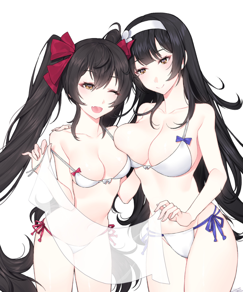 2girls ;d asymmetrical_docking bangs bare_arms bare_shoulders bikini black_hair blue_ribbon blunt_bangs breast_press breasts brown_eyes collarbone cowboy_shot eyebrows_visible_through_hair girls_frontline hair_ribbon hairband half-closed_eyes hand_on_another's_shoulder highres holding ia_(ias1010) large_breasts long_hair looking_at_viewer medium_breasts multiple_girls navel one_eye_closed open_mouth pink_ribbon qbz-95_(girls_frontline) qbz-97_(girls_frontline) ribbon side-tie_bikini sidelocks signature simple_background smile standing stomach straight_hair swimsuit teasing thighs transparent twintails untied untied_bikini very_long_hair white_background white_bikini white_hairband