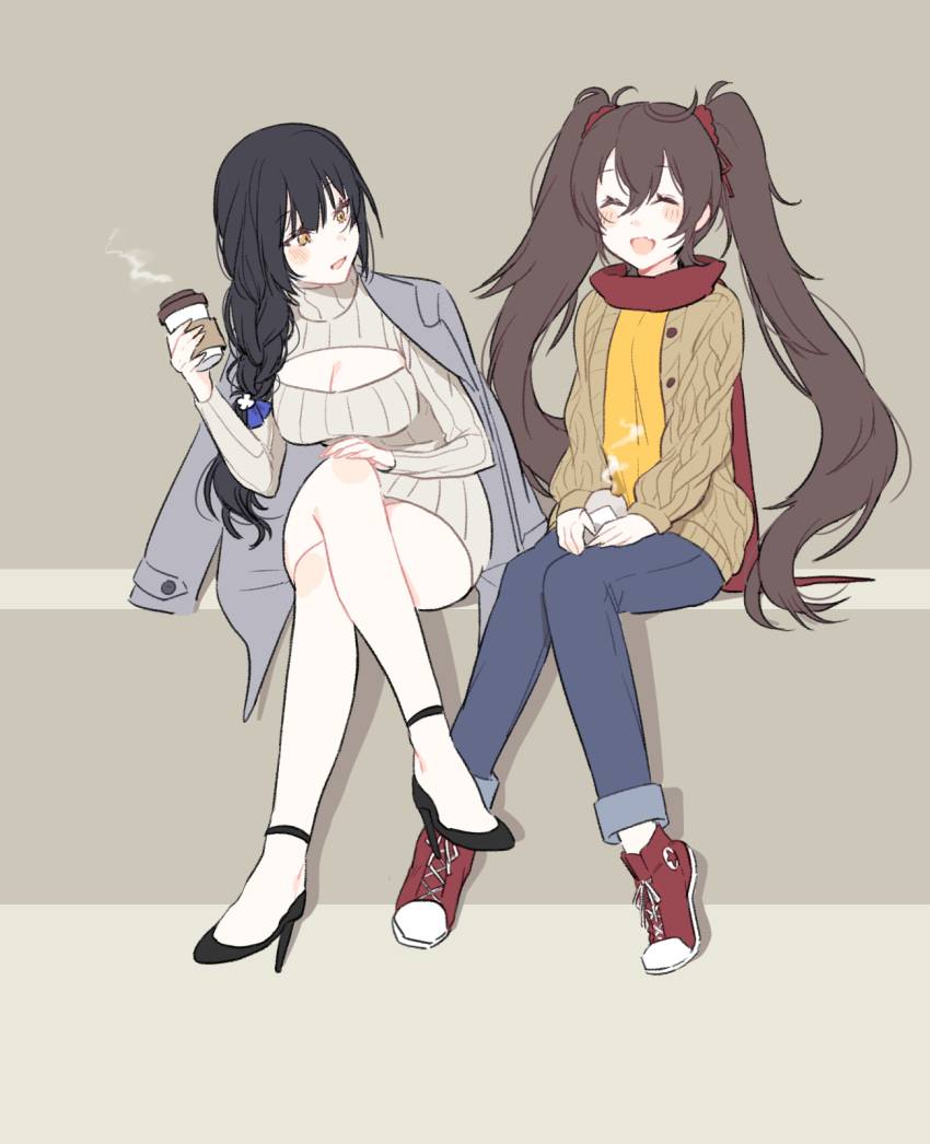 2girls :d ^_^ ^o^ alternate_costume alternate_hairstyle bangs baozi bare_legs black_footwear blue_ribbon blunt_bangs blush braid breasts brown_background brown_eyes casual cleavage cleavage_cutout closed_eyes cup denim disposable_cup eyebrows_visible_through_hair food full_body girls_frontline grey_jacket grey_sweater hair_ribbon hand_on_own_knee high_heels highres holding holding_cup ia_(ias1010) jacket jacket_on_shoulders jeans large_breasts leaning_forward long_hair long_sleeves looking_to_the_side meme_attire multiple_girls open-chest_sweater open_mouth pants qbz-95_(girls_frontline) qbz-97_(girls_frontline) red_footwear red_scarf ribbed_jacket ribbon scarf shirt shoes simple_background single_braid sitting smile sneakers steam sweater tsurime turtleneck turtleneck_sweater twintails unbuttoned very_long_hair yellow_shirt