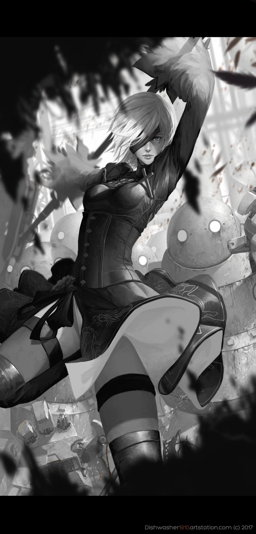 1girl absurdres arms_up artist_name artstation_username back_cutout blindfold boots breasts closed_mouth corset cross day dishwasher1910 dress feather-trimmed_sleeves flower highres leotard leotard_peek lips long_sleeves looking_at_viewer medium_breasts mole mole_under_eye nier_(series) nier_automata one_eye_covered ruby_rose rwby short_sleeves solo standing standing_on_one_leg thigh-highs thigh_boots thighhighs_under_boots turtleneck watermark web_address work_in_progress yorha_no._2_type_b