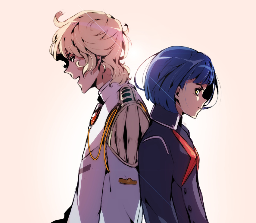 1boy 1girl artist_name back-to-back blonde_hair blue_collar blue_hair blue_shirt closed_mouth collared_shirt curly_hair darling_in_the_franxx emi-bianchi frown gradient gradient_background green_eyes highres ichigo_(darling_in_the_franxx) long_sleeves looking_at_viewer military military_uniform nine_alpha_(darling_in_the_franxx) open_mouth shirt short_hair simple_background uniform white_collar white_shirt