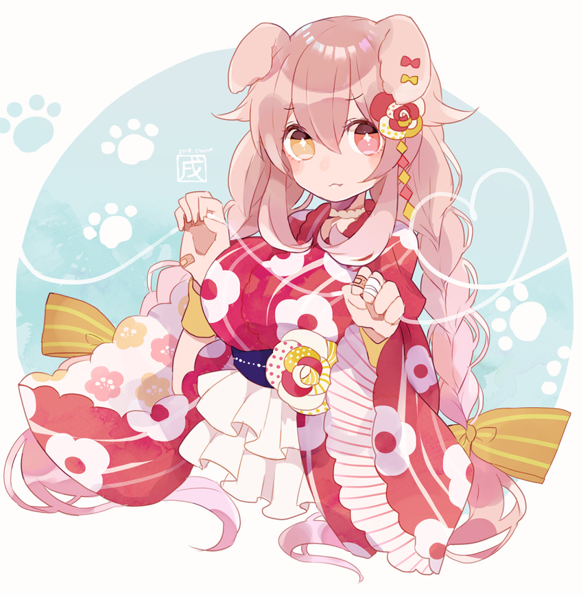 1girl animal_ears artist_name bandage bandaged_fingers bandaid_on_hand bangs bow braid chon_(chon33v) ear_ribbon fang floral_print flower frills grey_hair hair_between_eyes hair_bow hair_flaps hair_flower hair_ornament heart heterochromia highres long_hair long_sleeves looking_at_viewer orange_eyes original paw_pose paw_print red_eyes solo striped striped_bow twin_braids upper_body wide_sleeves wristband yellow_bow