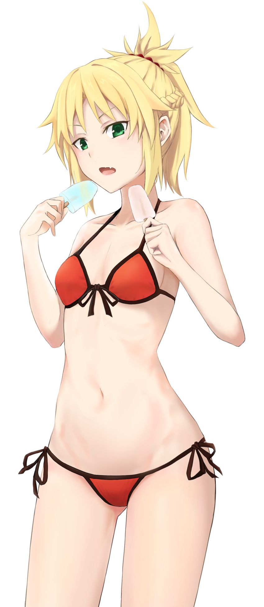 1girl absurdres bikini blonde_hair breasts cowboy_shot dual_wielding fate/apocrypha fate/grand_order fate_(series) food front-tie_top gluteal_fold green_eyes highres hosh long_hair looking_at_viewer lowleg lowleg_bikini mordred_(fate) mordred_(fate)_(all) mordred_(swimsuit_rider)_(fate) navel ponytail popsicle red_bikini side-tie_bikini simple_background small_breasts solo standing swimsuit white_background