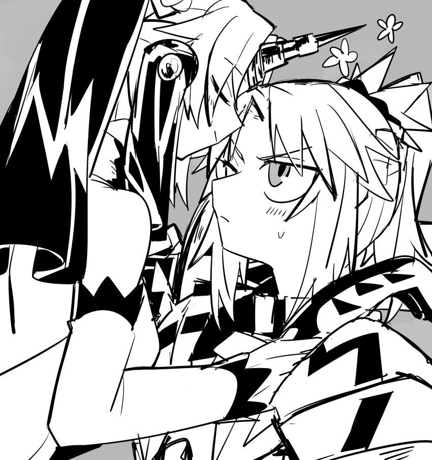2girls absurdres bare_shoulders blush bridal_veil detached_sleeves face-to-face fate/apocrypha fate_(series) flower frankenstein's_monster_(fate) grey_background greyscale highres looking_at_another monochrome mordred_(fate) mordred_(fate)_(all) multiple_girls one_eye_closed sketch uotsu_(sabakou) upper_body veil yuri