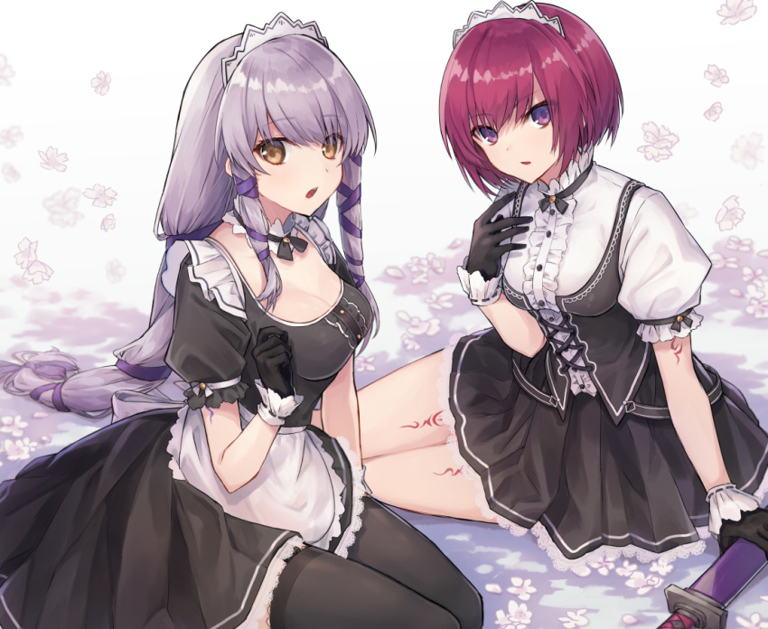 .com_(cu_105) 2girls alternate_costume apron black_gloves black_legwear black_skirt breasts clair_lasbard cleavage commentary detached_collar enmaided eyebrows_visible_through_hair gloves hair_ribbon long_hair looking_at_viewer maid medium_breasts multiple_girls nel_zelpher open_mouth pantyhose parted_lips petals pink_hair puffy_short_sleeves puffy_sleeves ribbon short_hair short_sleeves silver_hair sitting skirt skirt_set star_ocean star_ocean_anamnesis tattoo violet_eyes waist_apron yellow_eyes yokozuwari