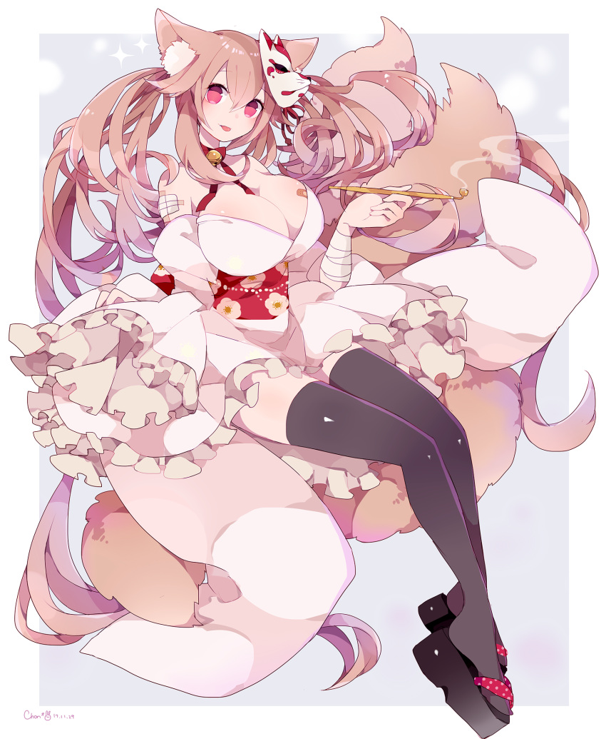 1girl :p animal_ears artist_name bandage bandaged_arm bandaid_on_breast bandaid_on_shoulder bell black_legwear breasts brown_hair choker chon_(chon33v) cleavage dated floral_print fox_ears fox_mask fox_tail frilled_sleeves frills hair_between_eyes highres jingle_bell kiseru kitsune large_breasts looking_at_viewer mask mask_on_head obi original pipe red_eyes red_ribbon ribbon ribbon_choker sash sidelocks solo tail thigh-highs tongue tongue_out twintails zouri