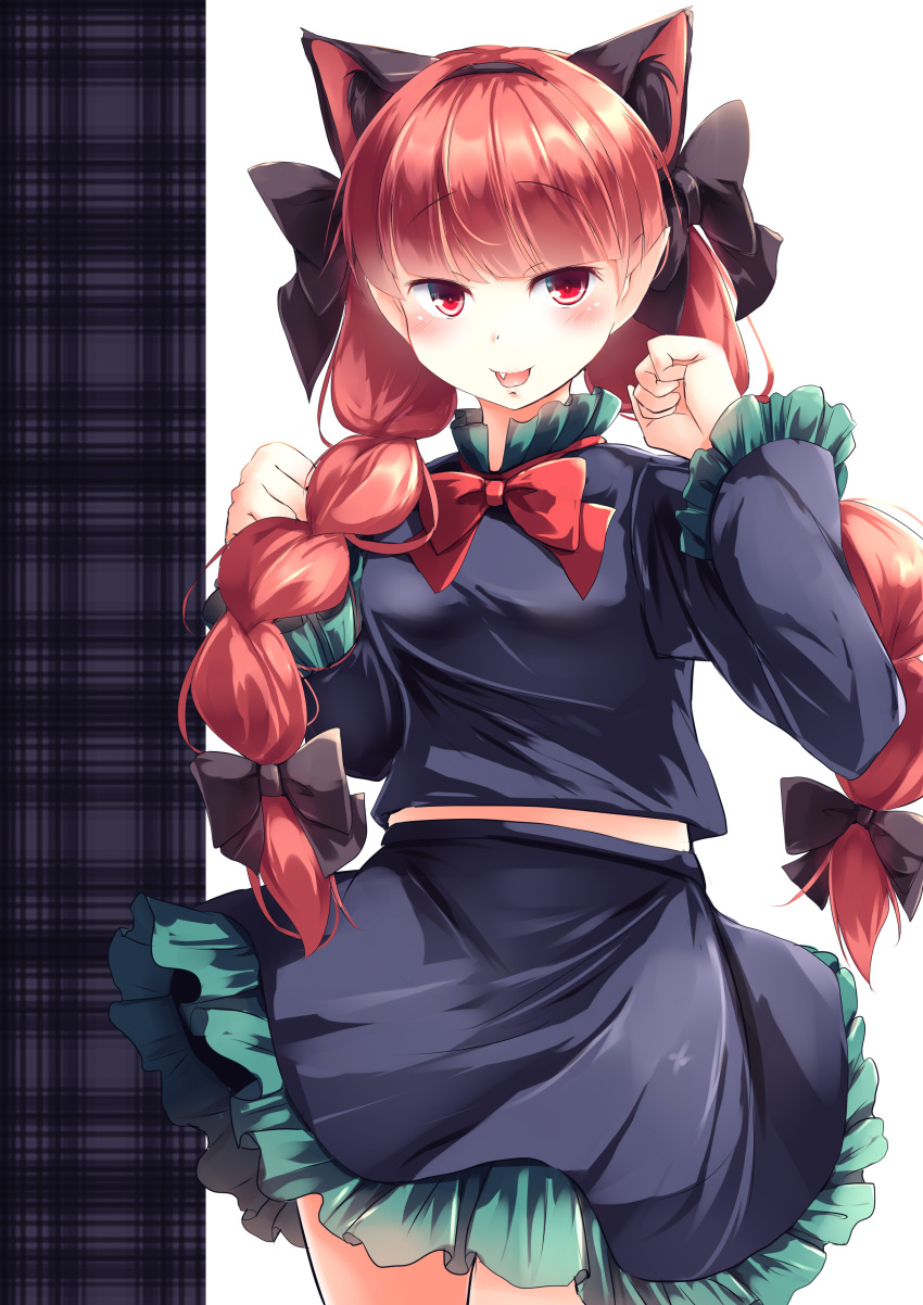 1girl :d absurdres black_bow black_shirt black_skirt blush bow braid cowboy_shot fang frilled_sleeves frills hair_bow highres kaenbyou_rin kanzakietc long_hair looking_at_viewer open_mouth paw_pose pointy_ears red_eyes redhead shirt simple_background skirt skirt_set smile solo touhou twin_braids