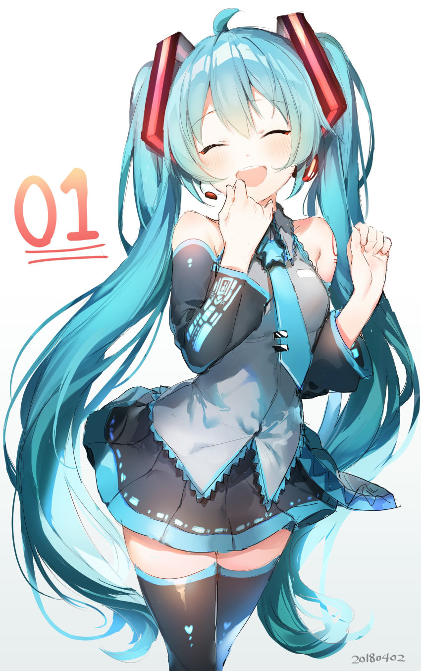 1girl :d ^_^ absurdres aqua_hair black_legwear black_skirt blush closed_eyes dated detached_sleeves hands_up hatsune_miku highres long_hair open_mouth simple_background skirt smile solo thigh-highs twintails umibouzu_(niito) very_long_hair vocaloid white_background zettai_ryouiki