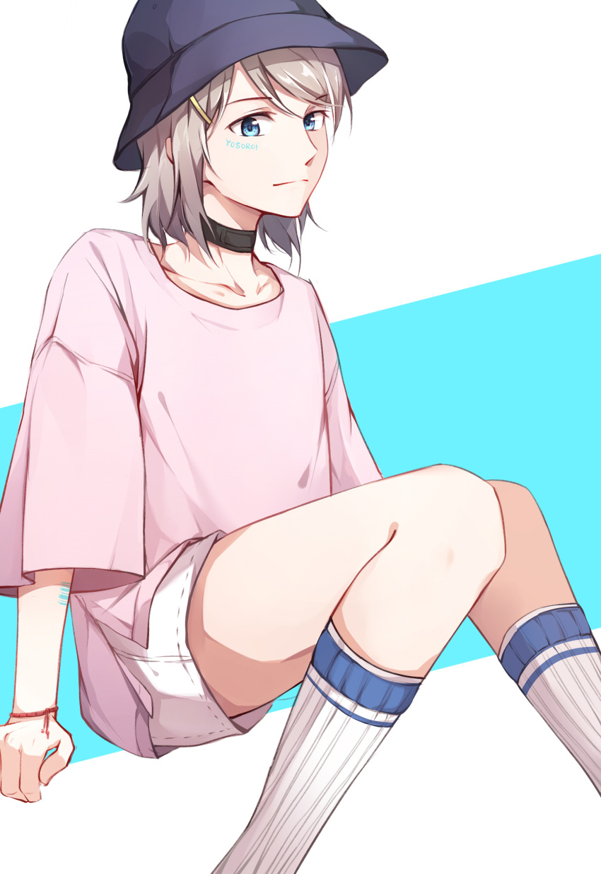 1girl :| absurdres barcode_tattoo black_choker blue_eyes bracelet bucket_hat casual choker closed_mouth face_painting gemi_25 grey_hair hair_ornament hairpin hat highres jewelry knees_together_feet_apart love_live! love_live!_sunshine!! navy_blue_hat pink_shirt shirt short_hair shorts sitting socks solo tattoo watanabe_you white_shorts