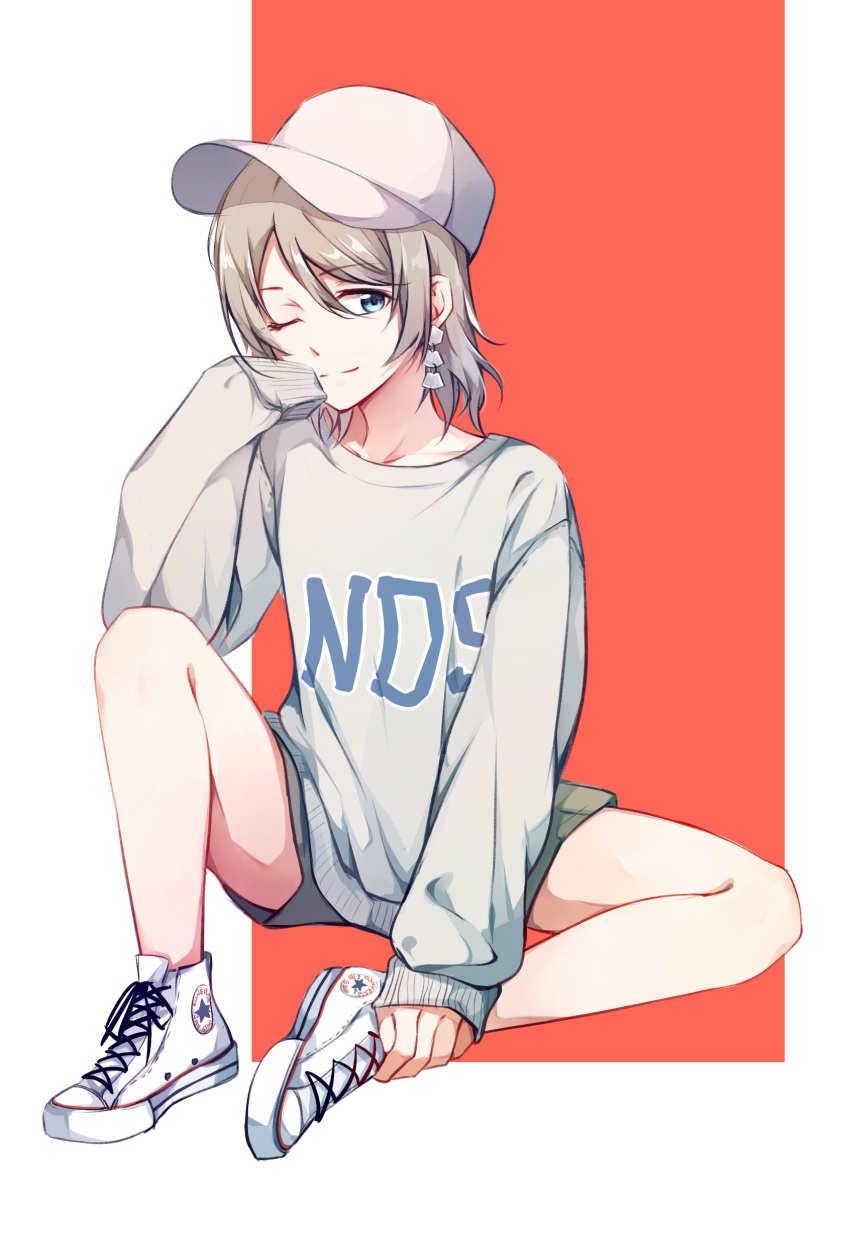 1girl ;) absurdres baseball_cap blue_eyes casual clothes_writing earrings gemi_25 grey_hair grey_hat grey_shirt hand_to_own_mouth hat high_tops highres jewelry love_live! love_live!_sunshine!! one_eye_closed shirt short_hair shorts sitting sleeves_past_wrists smile solo spread_legs sweatshirt watanabe_you white_footwear