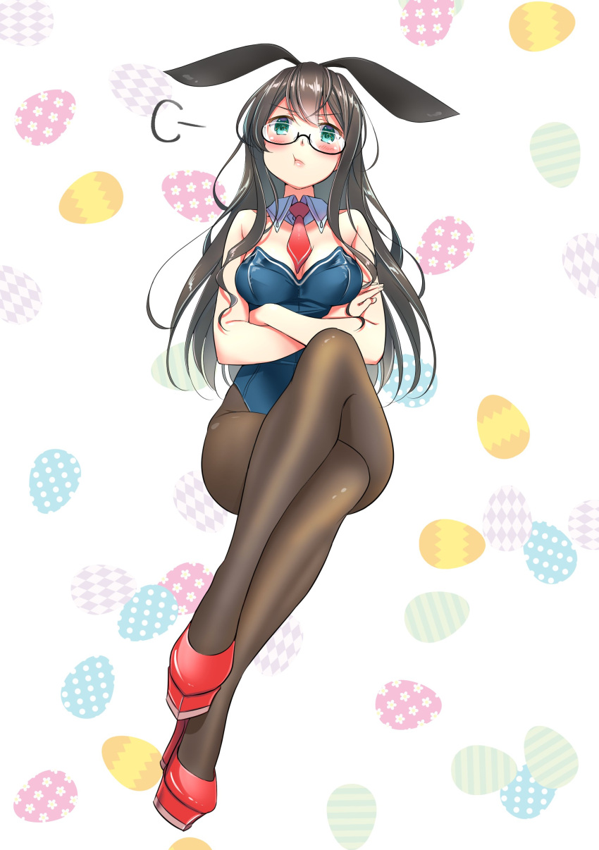 1girl :t absurdres animal_ears bangs bare_arms bare_shoulders black-framed_eyewear black_hair blue_leotard blush breasts brown_legwear bunnysuit cleavage closed_mouth crossed_arms detached_collar easter_egg egg fake_animal_ears full_body fume glasses green_eyes highres invisible_chair kantai_collection legs_crossed leotard long_hair looking_at_viewer medium_breasts necktie ooyodo_(kantai_collection) pantyhose pout rabbit_ears red_footwear red_neckwear sakuharu semi-rimless_eyewear shiny shiny_clothes sidelocks sitting solo strapless strapless_leotard tareme under-rim_eyewear v-shaped_eyebrows very_long_hair wing_collar