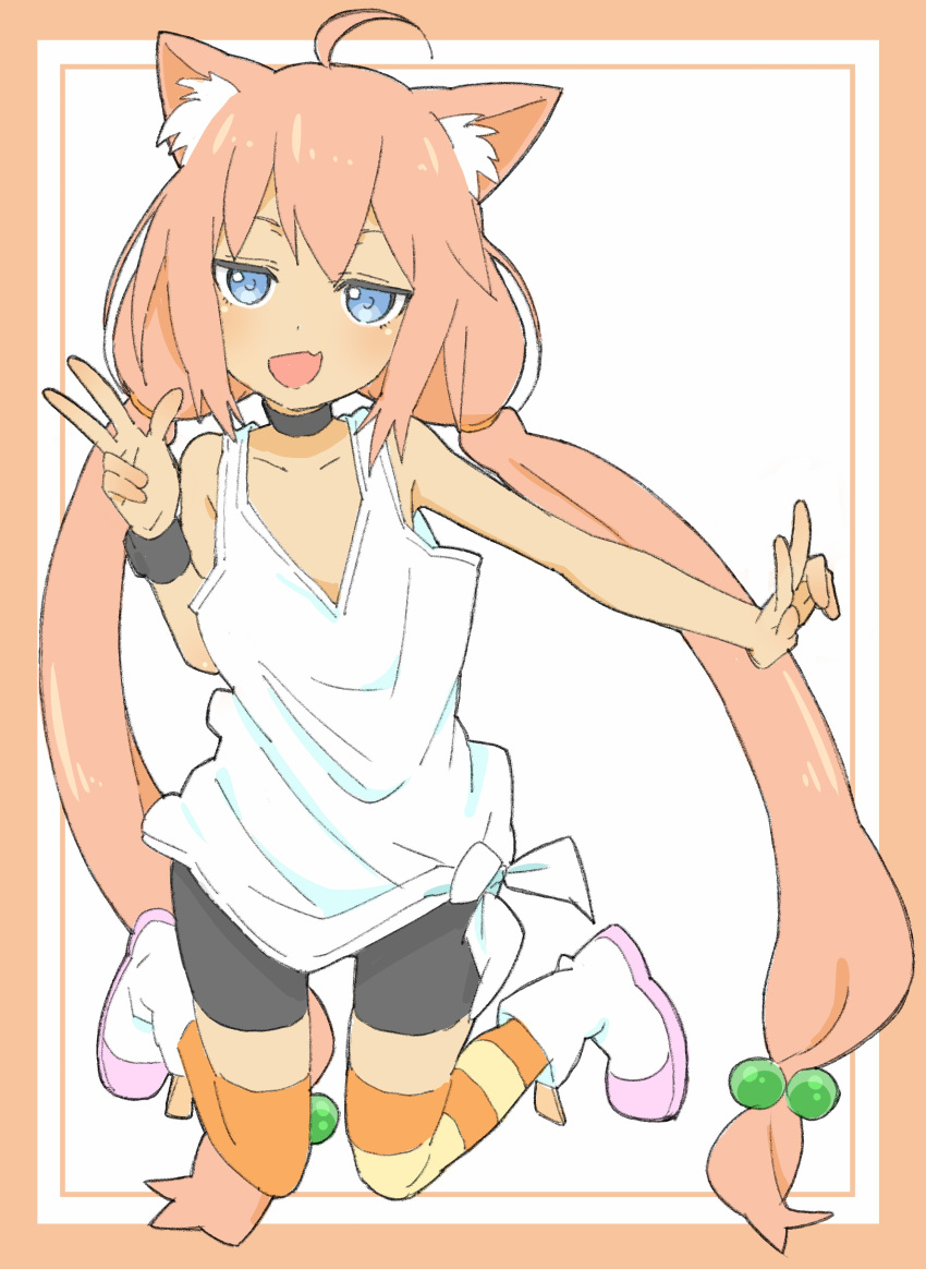 1girl :d absurdres ahoge animal_ears bare_shoulders bike_shorts blue_eyes blush boots border cat_ears copyright_request donguri_suzume fang hand_up highres jumping long_hair looking_at_viewer loose_clothes low_twintails open_mouth orange_border orange_legwear pink_hair shirt smile solo thigh-highs twintails very_long_hair w white_footwear white_shirt wristband