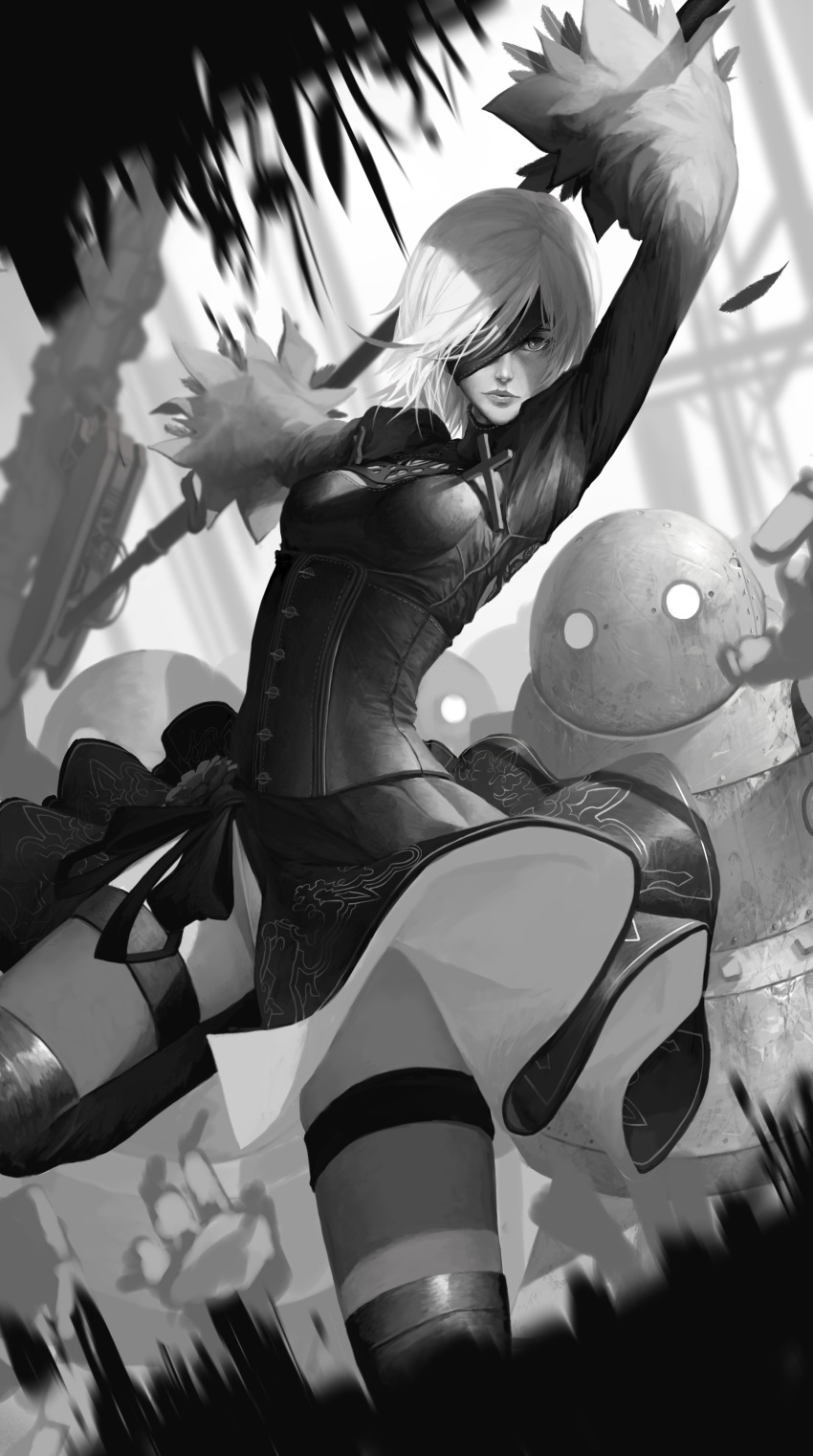 1girl absurdres arms_up artist_name artstation_username back_cutout blindfold boots breasts closed_mouth corset cross day dishwasher1910 dress feather-trimmed_sleeves flower highres leotard leotard_peek lips long_sleeves looking_at_viewer medium_breasts mole mole_under_mouth nier_(series) nier_automata one_eye_covered ruby_rose rwby short_sleeves solo standing standing_on_one_leg thigh-highs thigh_boots thighhighs_under_boots turtleneck watermark web_address work_in_progress yorha_no._2_type_b