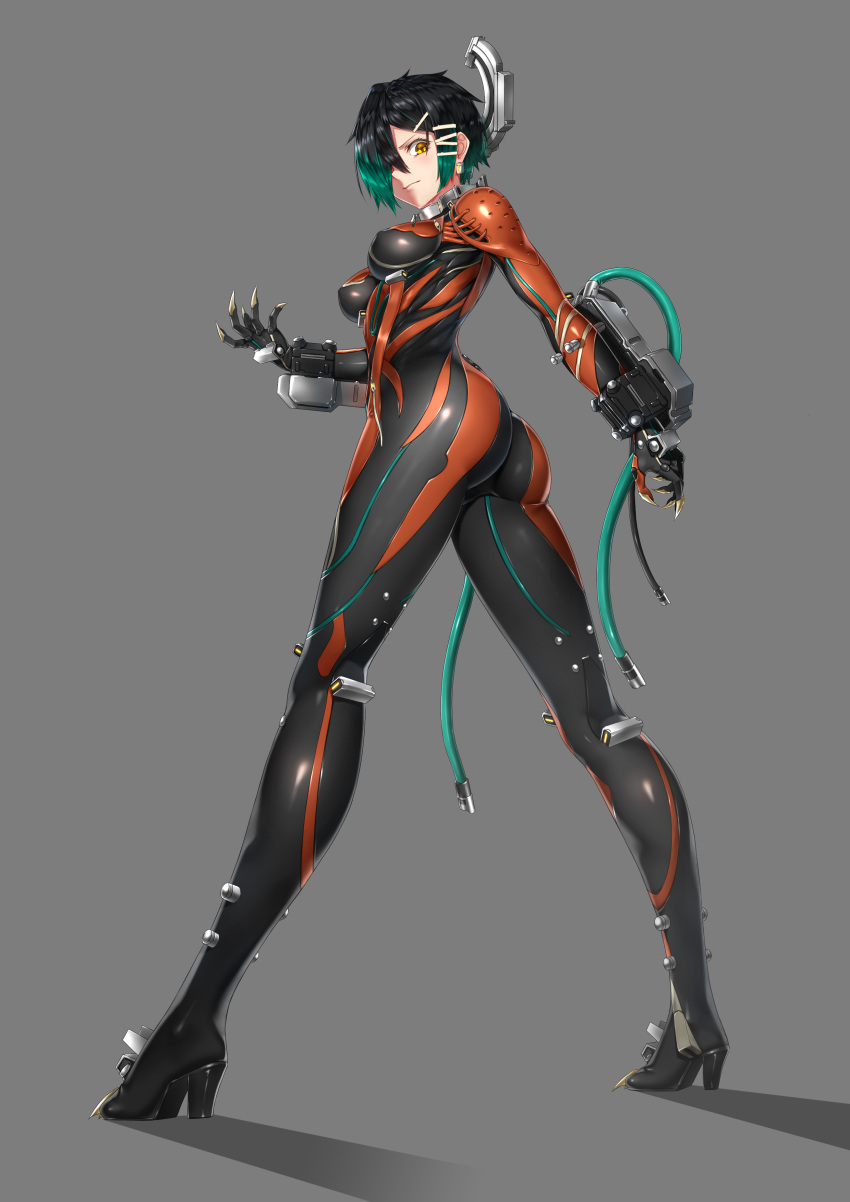 1girl absurdres aqua_hair ass black_bodysuit black_hair blush bodysuit breasts claws closed_mouth commentary_request erect_nipples from_behind full_body gradient_hair grey_background hair_ornament hair_over_one_eye hairclip headgear highres kai_(pixiv12466647) long_legs looking_at_viewer looking_back medium_breasts multicolored multicolored_bodysuit multicolored_clothes multicolored_hair orange_bodysuit personification shiny shiny_clothes shiny_hair short_hair simple_background skin_tight solo standing valkyr_(warframe) warframe yellow_eyes