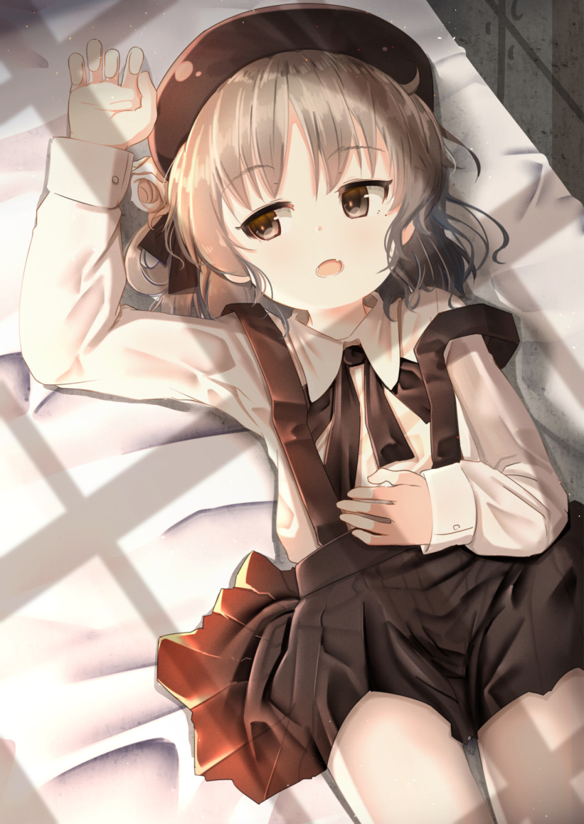 1girl arm_up bangs bed_sheet beret black_hat black_ribbon black_skirt brown_eyes brown_hair collared_shirt commentary_request eyebrows_visible_through_hair fang flower hair_flower hair_ornament hair_rings hand_on_own_stomach hat hatoba_tsugu hatoba_tsugu_(character) highres looking_away looking_to_the_side lying mad_(hazukiken) on_back open_mouth pantyhose pleated_skirt ribbon rose shirt skirt solo suspender_skirt suspenders virtual_youtuber white_flower white_legwear white_rose white_shirt