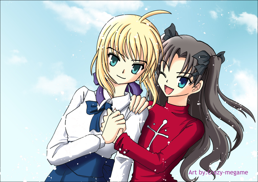 2girls :) ;d ahoge artoria_pendragon_(all) black_hair blonde_hair blue_eyes closed_mouth clouds crazy-megame deviantart fate/stay_night fate_(series) green_eyes hair_ribbon holding_hands long_hair one_eye_closed open_mouth ribbon saber sky sweater tohsaka_rin turtleneck turtleneck_sweater twintails wink