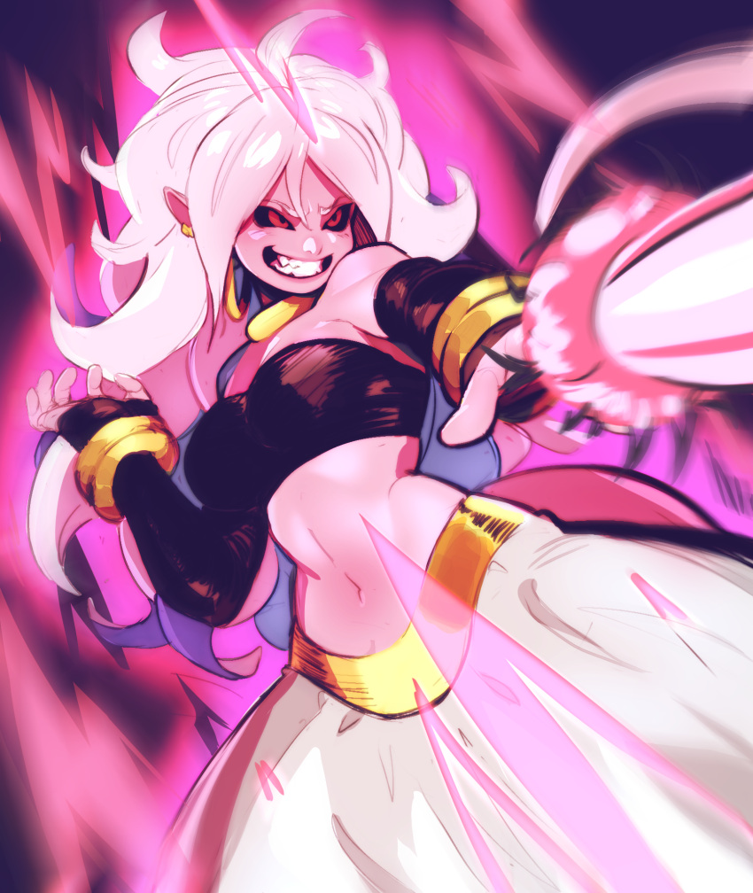 1girl android_21 android_21_(evil) bandeau bared_teeth black_sclera breasts detached_sleeves dragon_ball dragon_ball_fighterz earrings energy_blast evil_grin evil_smile eymbee fangs grin harem_pants highres hoop_earrings jewelry long_hair majin_android_21 medium_breasts monster_girl motion_blur navel pants pink_hair pink_skin pointy_ears red_eyes smile solo tail