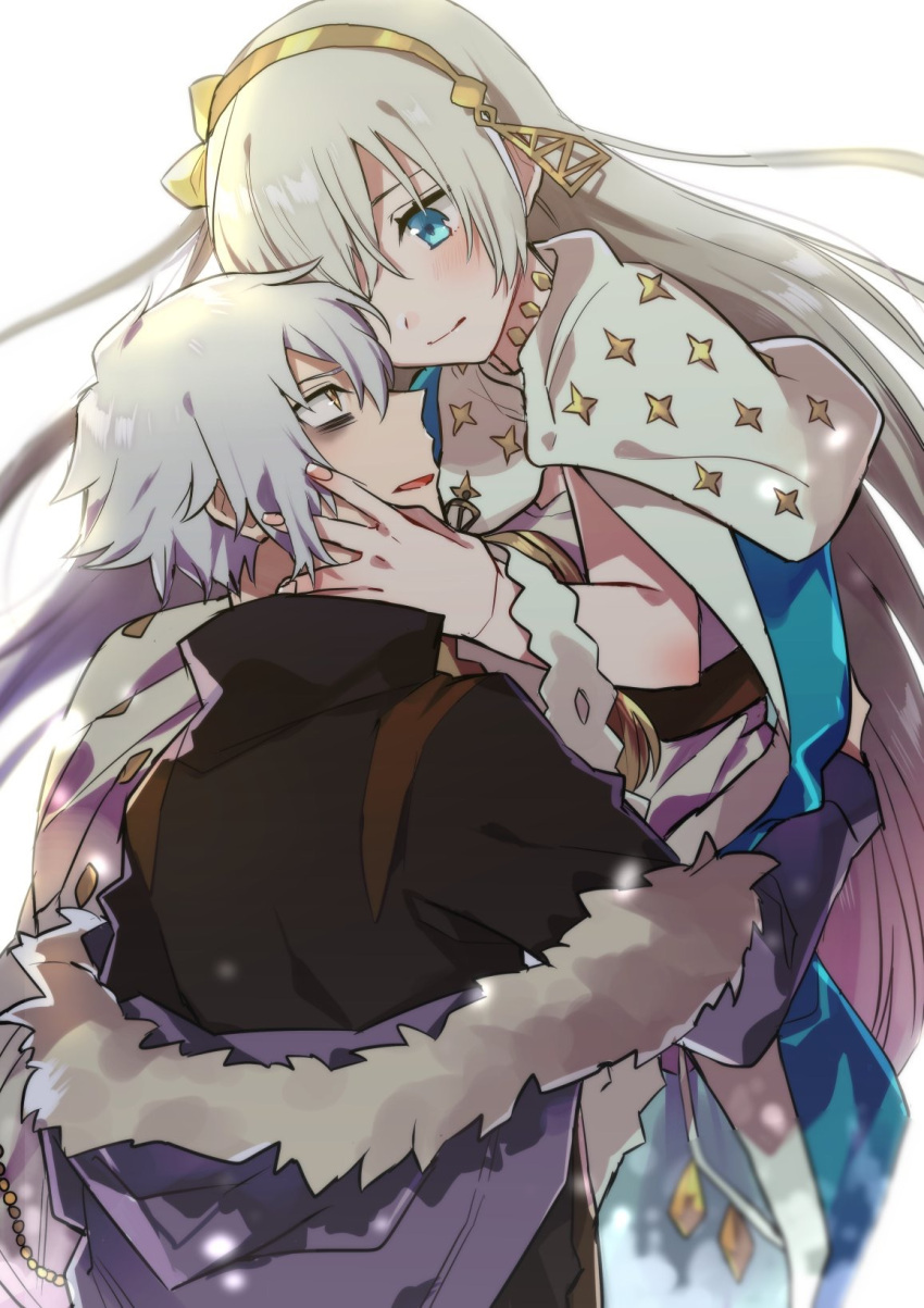 1boy 1girl anastasia_(fate/grand_order) aqua_cape aqua_eyes backlighting bags_under_eyes bangs black_shirt blush cape closed_mouth coat commentary_request couple doll dress eye_contact fate/grand_order fate_(series) fur-trimmed_coat fur-trimmed_hood fur_trim gold_trim hair_between_eyes hair_over_one_eye hetero highres holding holding_doll hood hood_down hooded_coat kadoc_zemlupus long_hair long_sleeves looking_at_another open_mouth parted_bangs ponpoko royal_robe shirt silver_hair simple_background slit_pupils swept_bangs turtleneck very_long_hair white_background white_dress white_hair yellow_eyes yellow_headband
