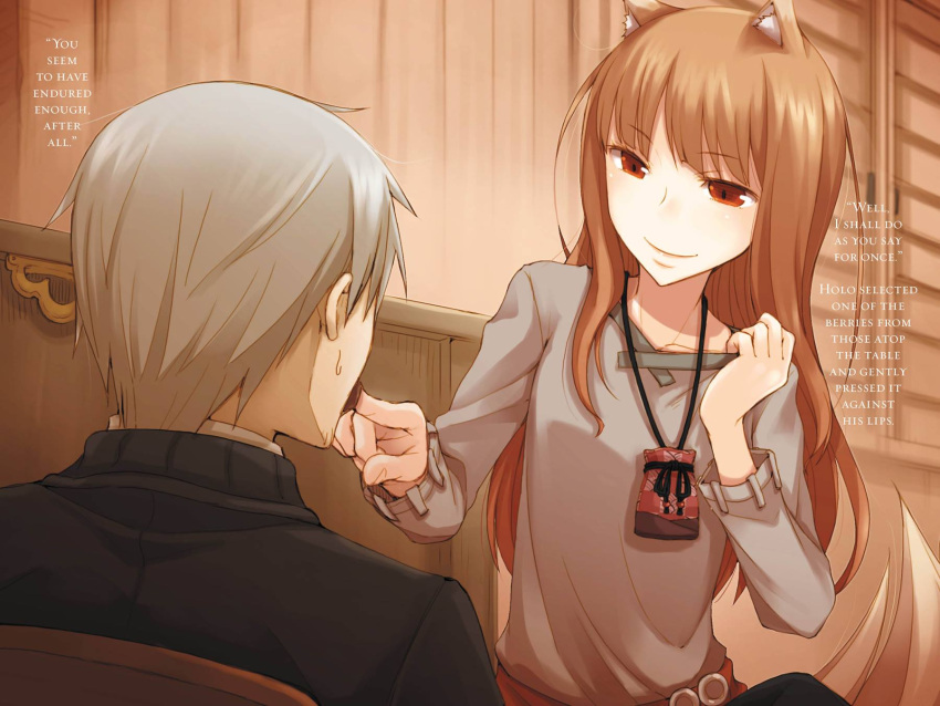 1boy 1girl animal_ears ayakura_juu brown_hair collarbone couple craft_lawrence eyebrows_visible_through_hair grey_shirt highres holo index_finger_raised indoors long_hair novel_illustration official_art pouch red_eyes shirt silver_hair sitting smile spice_and_wolf tail wolf_ears wolf_tail