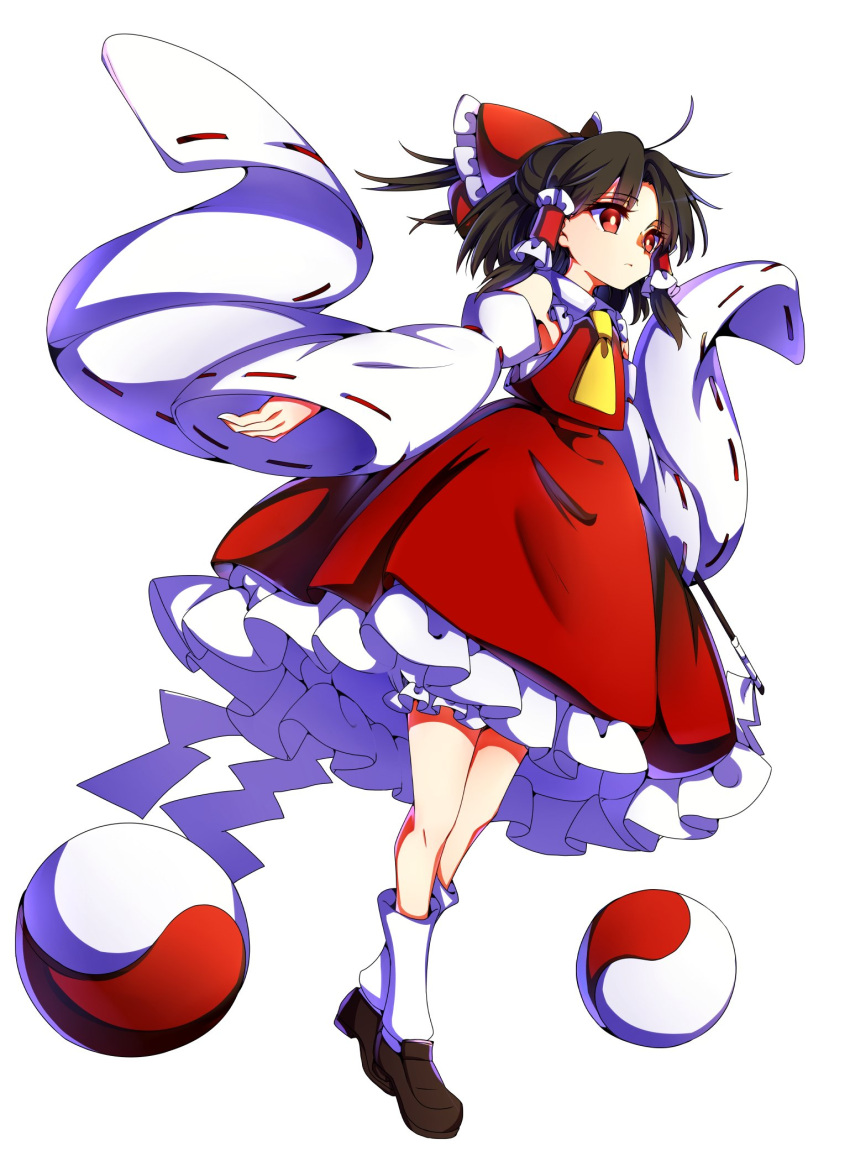 1girl ascot baba_(baba_seimaijo) black_hair bow detached_sleeves full_body gohei hair_bow hair_tubes hakurei_reimu highres loafers medium_hair red_bow red_eyes shoes socks solo touhou white_background white_legwear wide_sleeves yin_yang