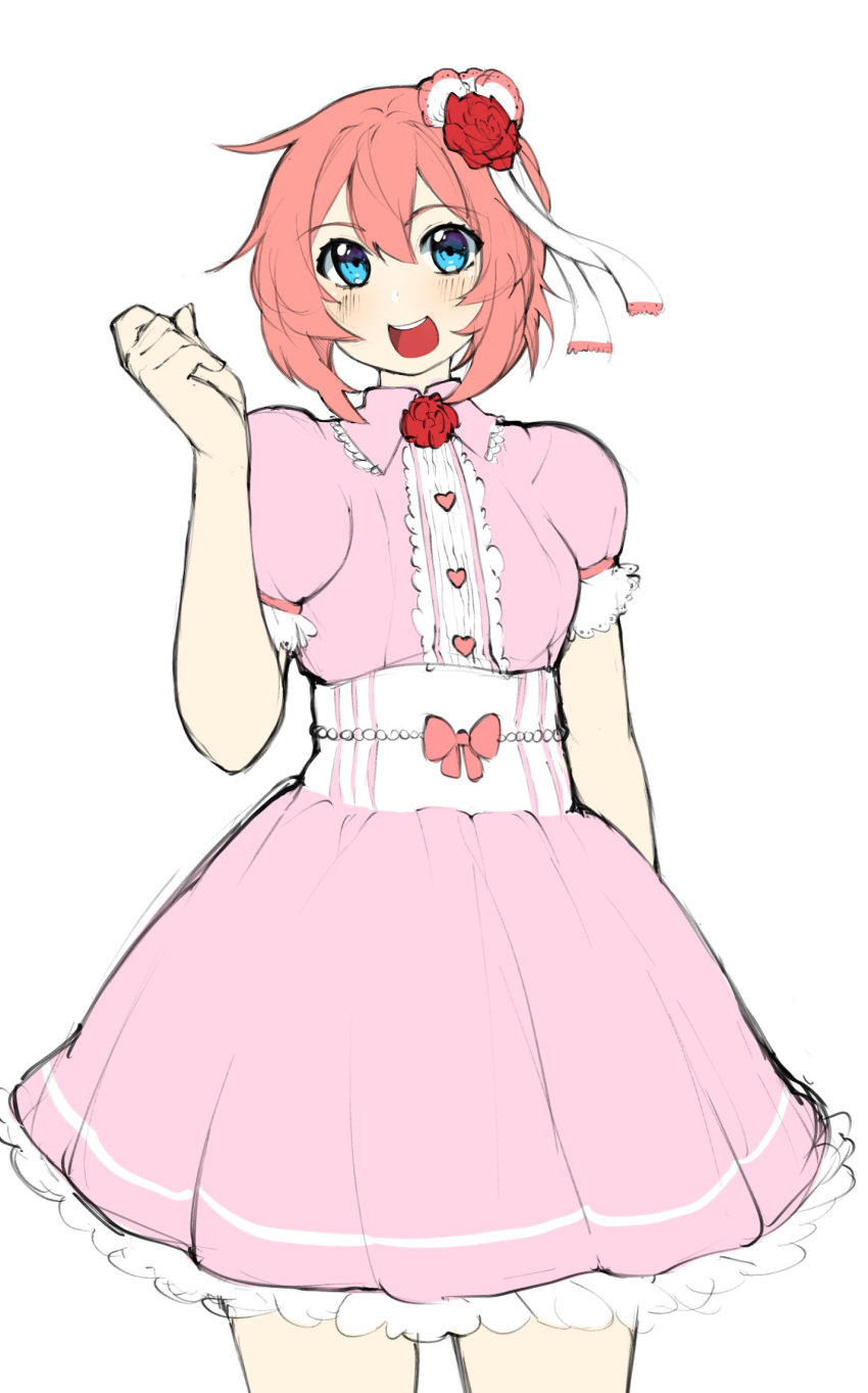 1girl :d blue_eyes blush cowboy_shot doki_doki_literature_club dress eyebrows_visible_through_hair flower hair_flower hair_ornament hand_up highres looking_at_viewer open_mouth orange_hair otxoa60 pink_dress puffy_short_sleeves puffy_sleeves red_flower red_rose rose sayori_(doki_doki_literature_club) short_hair short_sleeves simple_background smile solo standing white_background